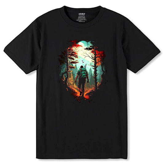 person walking in a forest with a bird flying - Unisex Round Neck Regular Fit 100% Combed Cotton Half Sleeve T-Shirt - Mojilo Mart