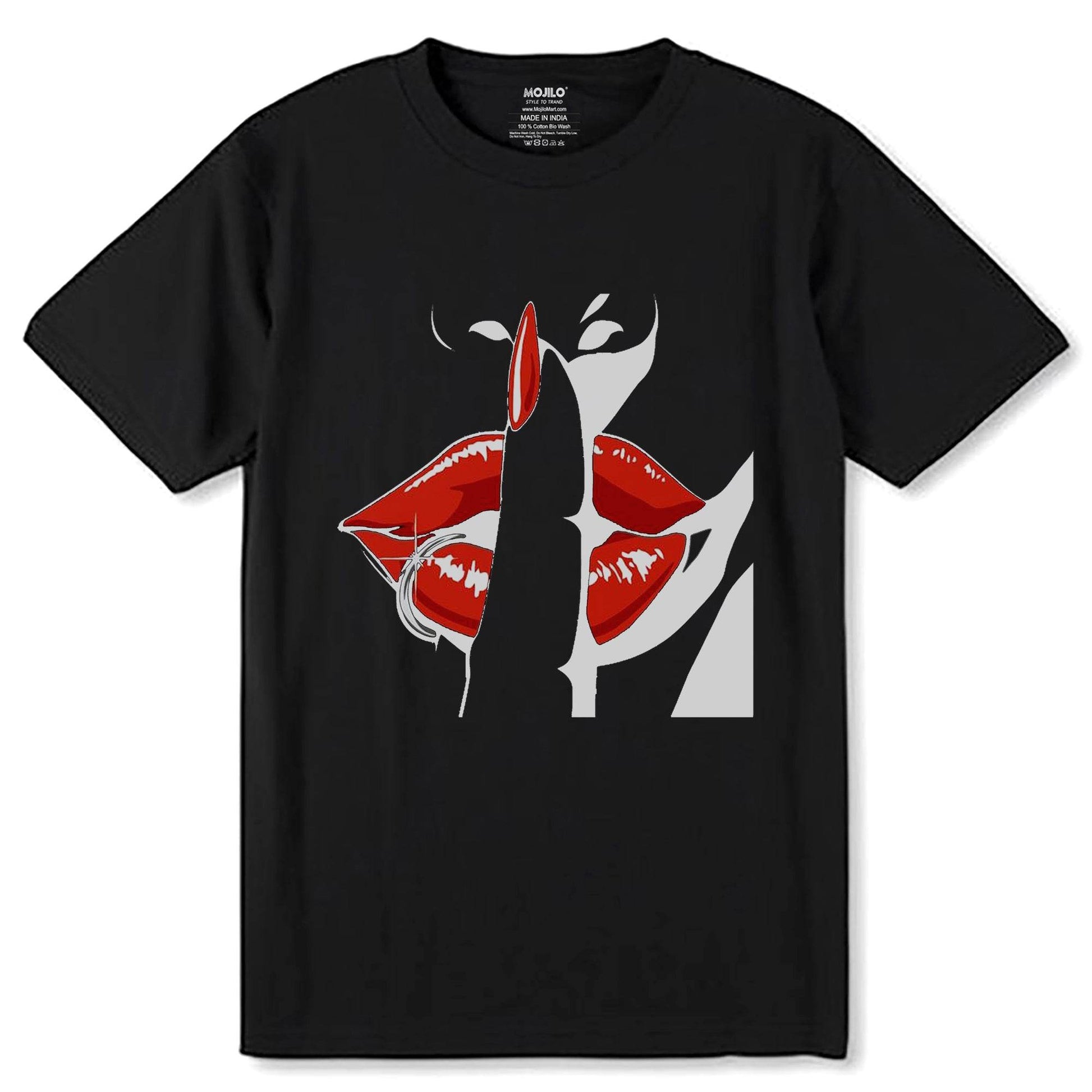 Womans hand with a finger pointing at a red lip - Unisex Round Neck Regular Fit 100% Combed Cotton Half Sleeve T-Shirt - Mojilo Mart