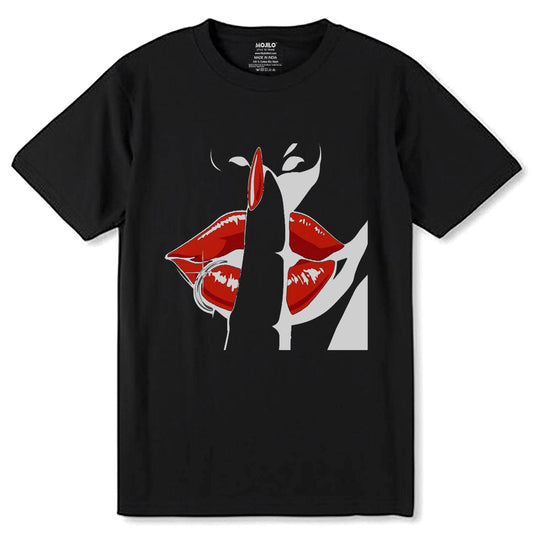 Womans hand with a finger pointing at a red lip - Unisex Round Neck Regular Fit 100% Combed Cotton Half Sleeve T-Shirt - Mojilo Mart