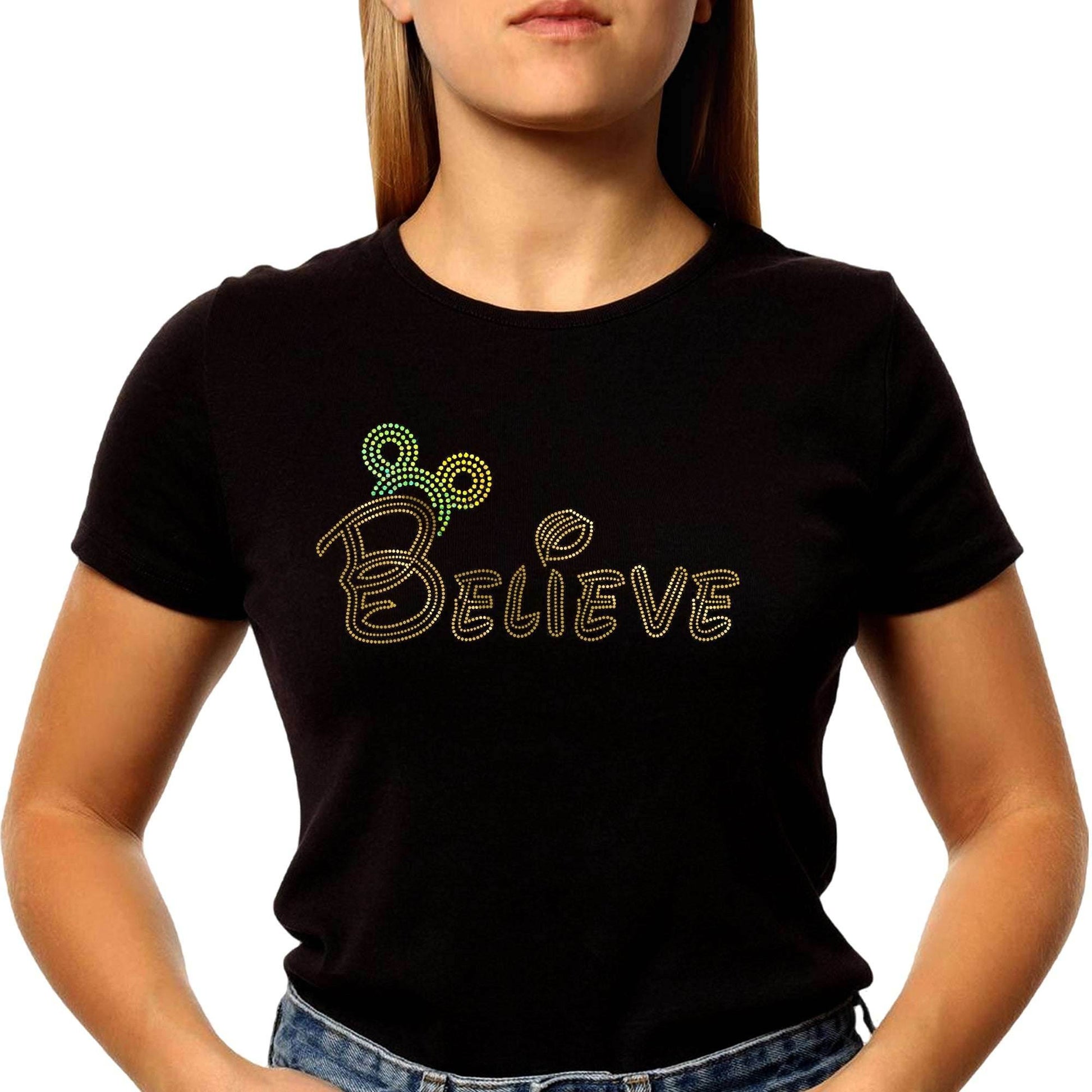 GOLD RAINBOW SPANGLE BELIEVE - Unisex Round Neck Regular Fit 100% Combed Cotton Half Sleeve T-Shirt - Mojilo Mart