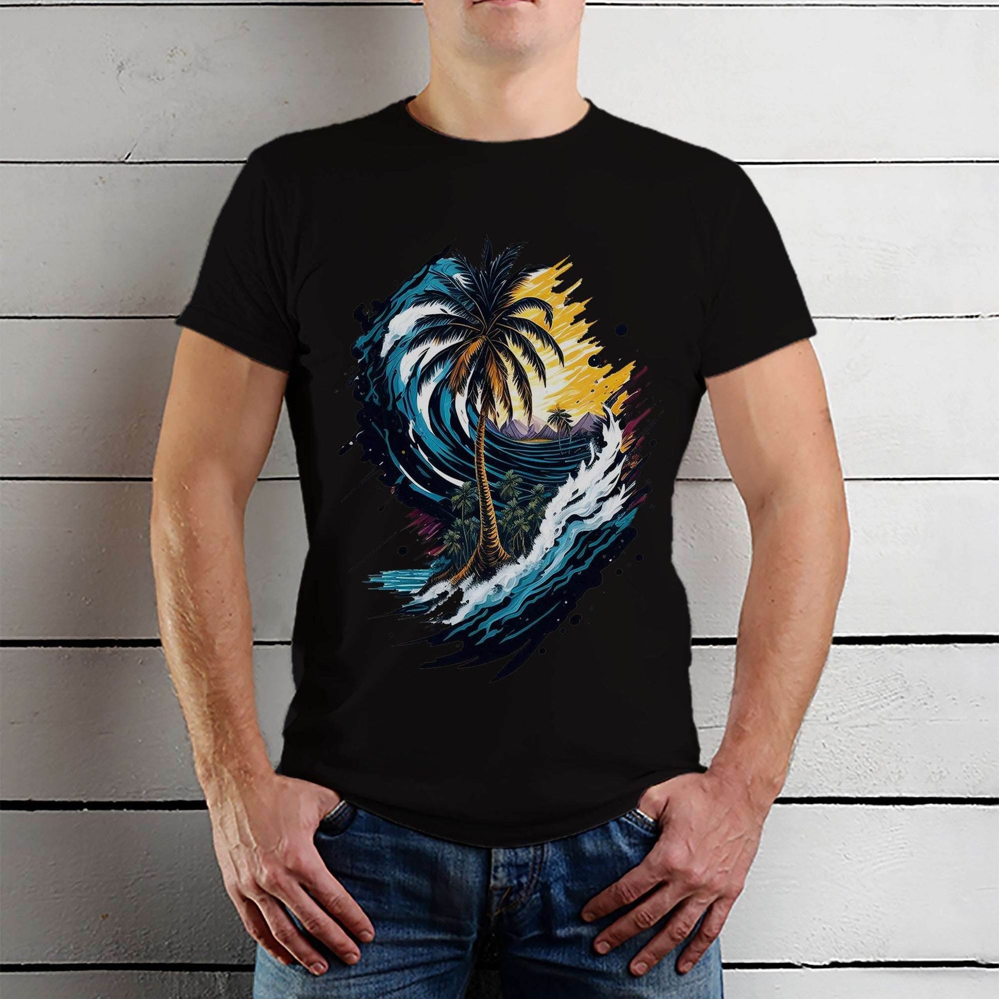 Artistic Palm Tree And Mountain - Unisex Round Neck Regular Fit 100% Combed Cotton Half Sleeve T-Shirt - Mojilo Mart