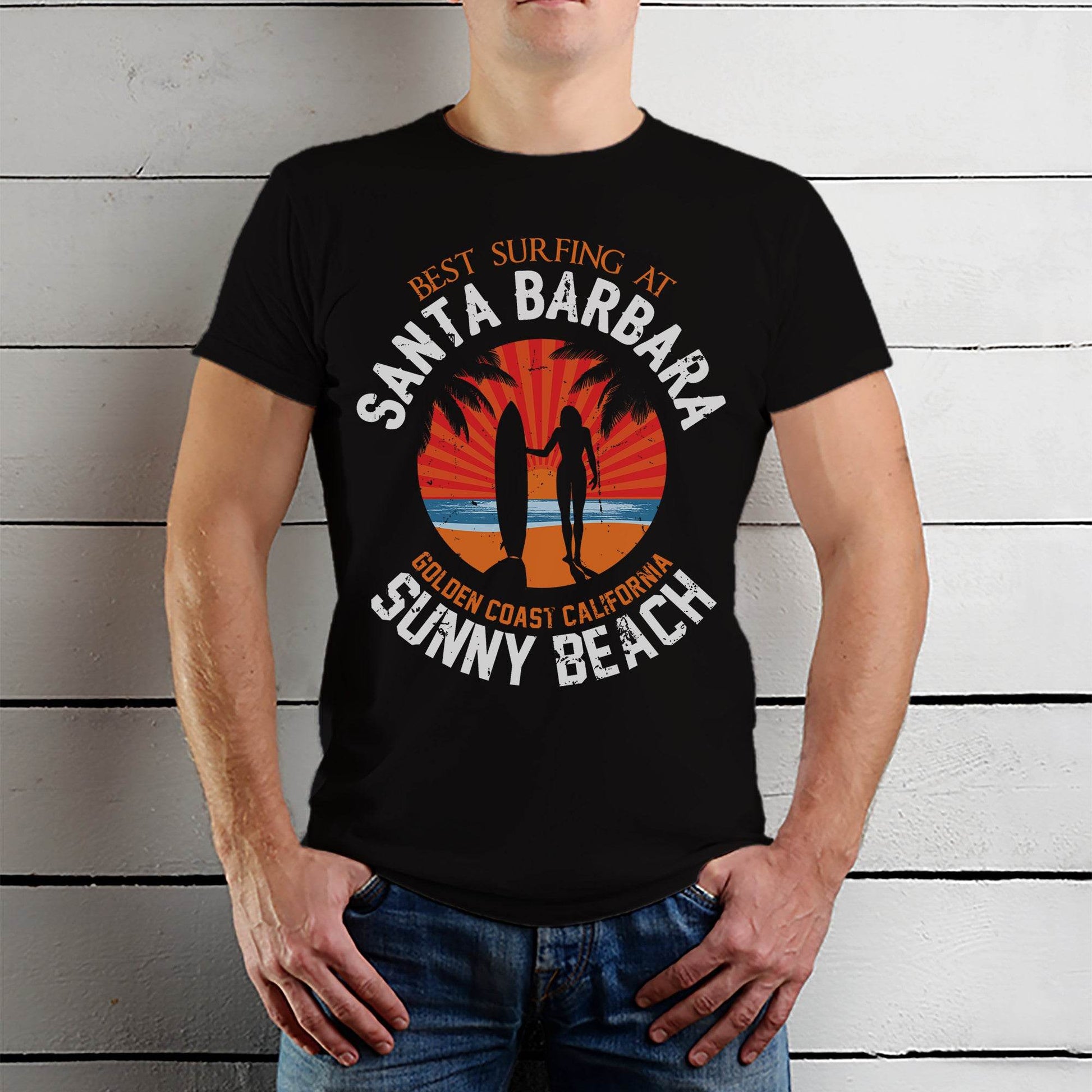 BEST SURFING AT GOLDEN COAST CALIFORNIA SUNNY BEACH - Unisex Round Neck Regular Fit 100% Combed Cotton Half Sleeve T-Shirt - Mojilo Mart