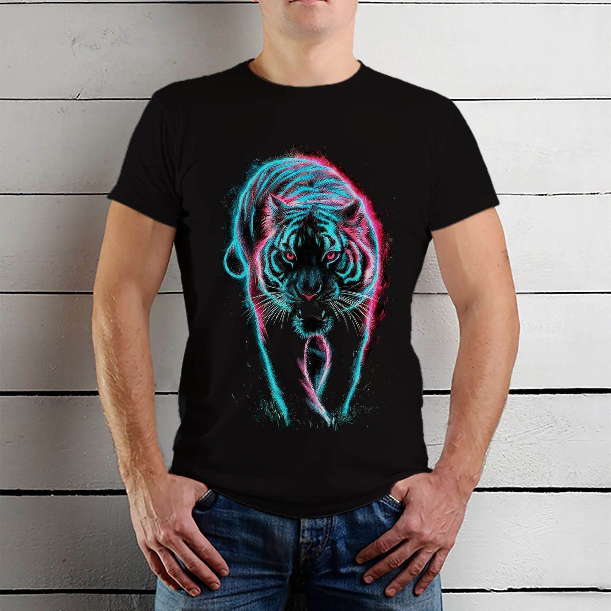 Bengal Tiger With Prowling Pose and Neon Green and Vibrant - Unisex Round Neck Regular Fit 100% Combed Cotton Half Sleeve T-Shirt - Mojilo Mart