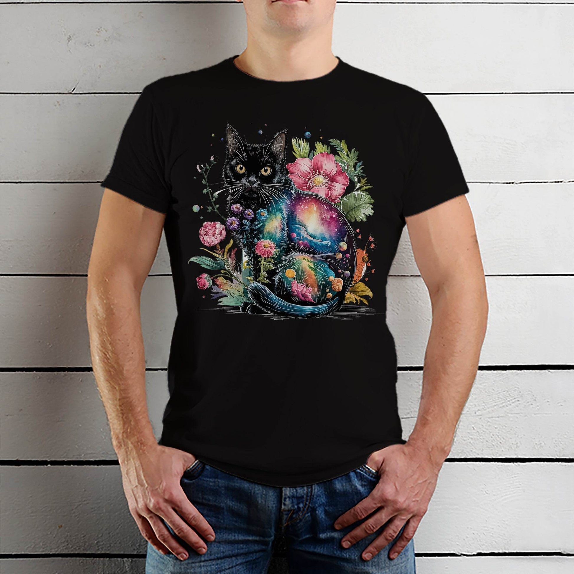 Black Cat Sitting On Top Of A Rainbow Colored Flower - Unisex Round Neck Regular Fit 100% Combed Cotton Half Sleeve T-Shirt - Mojilo Mart