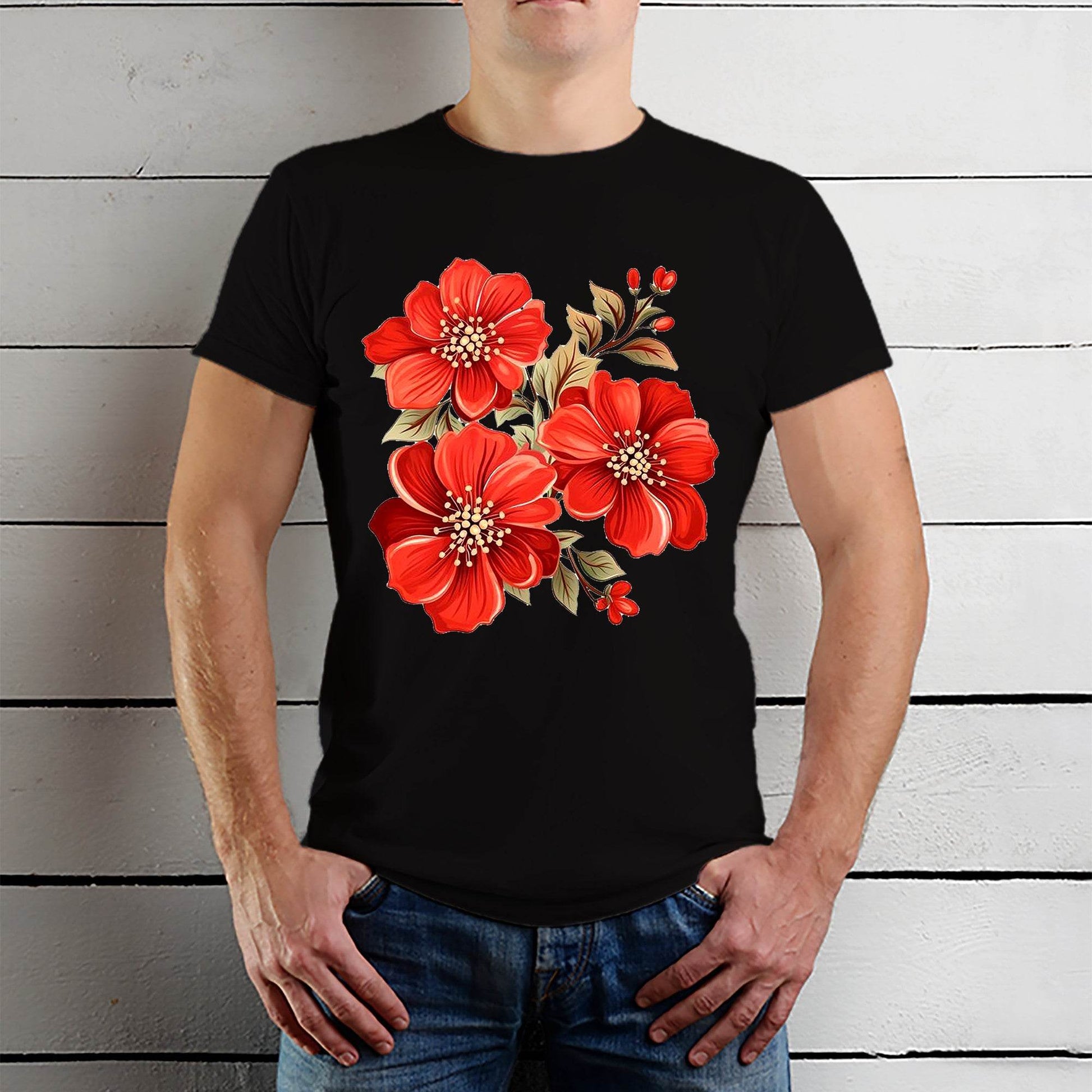 Bold Floral Print - Unisex Round Neck Regular Fit 100% Combed Cotton Half Sleeve T-Shirt - Mojilo Mart