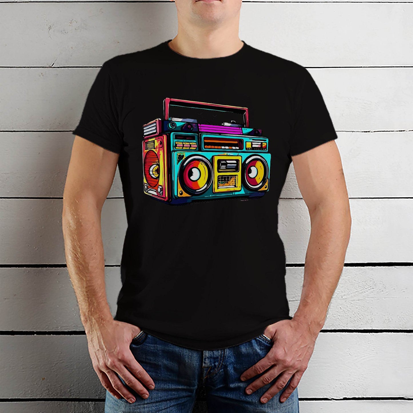 Boombox Colorful stereo recorder - Unisex Round Neck Regular Fit 100% Combed Cotton Half Sleeve T-Shirt - Mojilo Mart