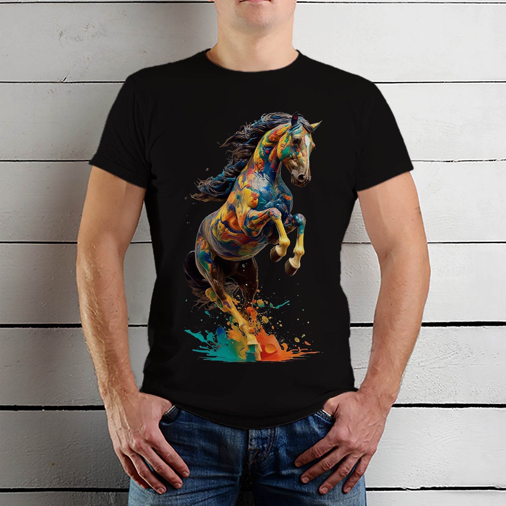 Brightly colored horse jumping in air with splashes of paint - Unisex Round Neck Regular Fit 100% Combed Cotton Half Sleeve T-Shirt - Mojilo Mart