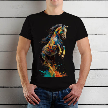 Brightly colored horse jumping in air with splashes of paint - Unisex Round Neck Regular Fit 100% Combed Cotton Half Sleeve T-Shirt - Mojilo Mart