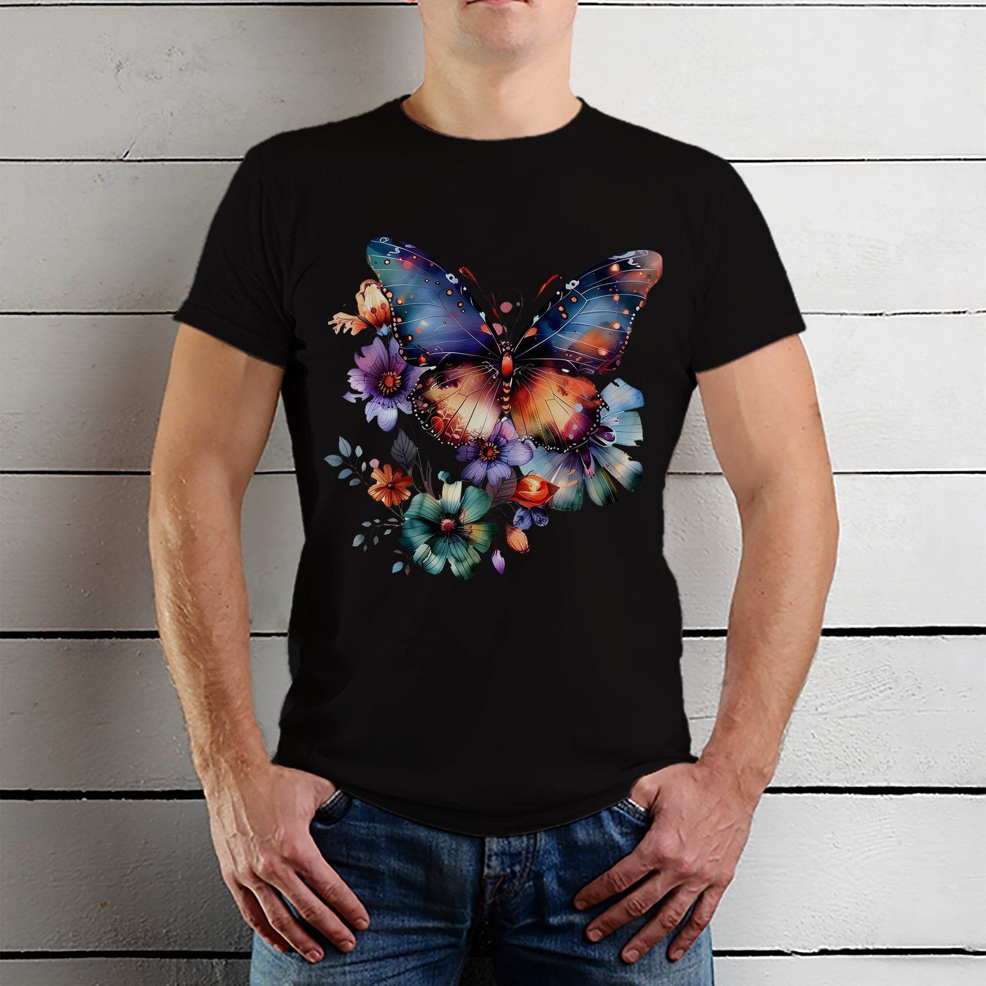 Butterfly Flowers - Unisex Round Neck Regular Fit 100% Combed Cotton Half Sleeve T-Shirt - Mojilo Mart