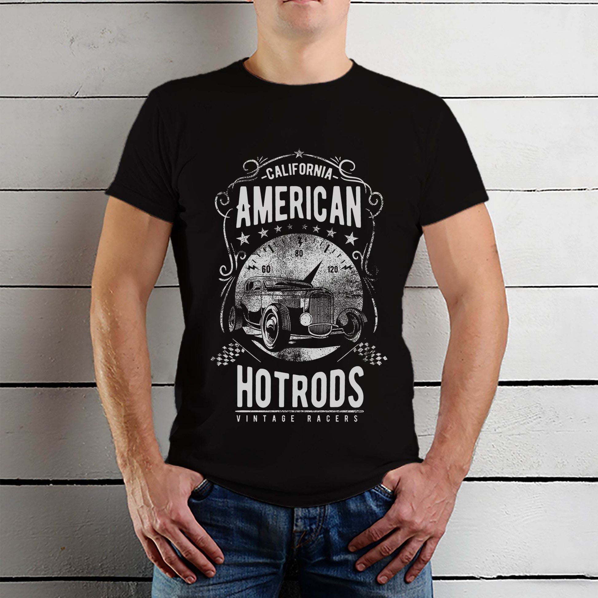 CALIFORNIA AMERICAN HOT RODS VINTAGE RACERS - Unisex Round Neck Regular Fit 100% Combed Cotton Half Sleeve T-Shirt - Mojilo Mart