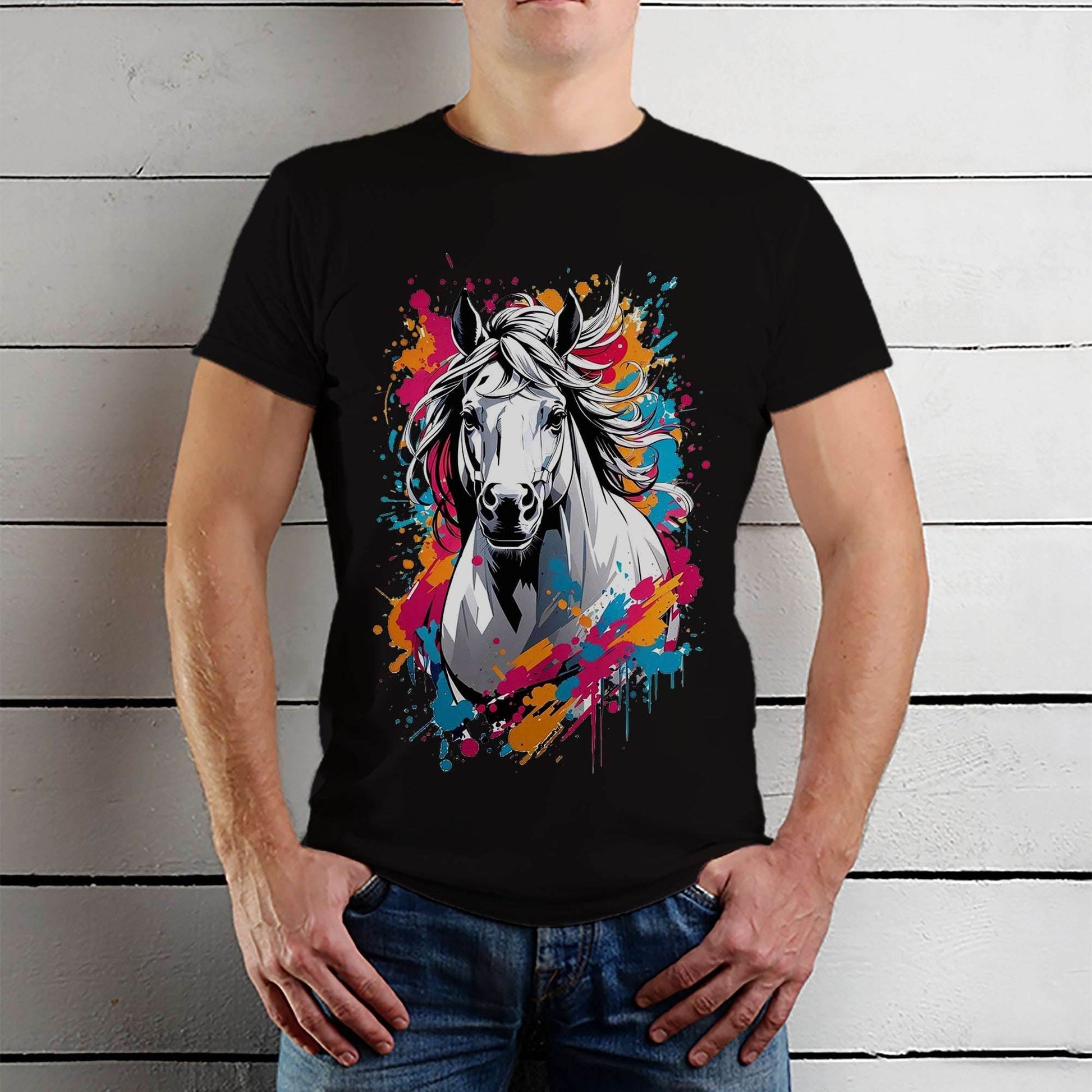 Charcoal Wooden White Horse Painting - Unisex Round Neck Regular Fit 100% Combed Cotton Half Sleeve T-Shirt - Mojilo Mart