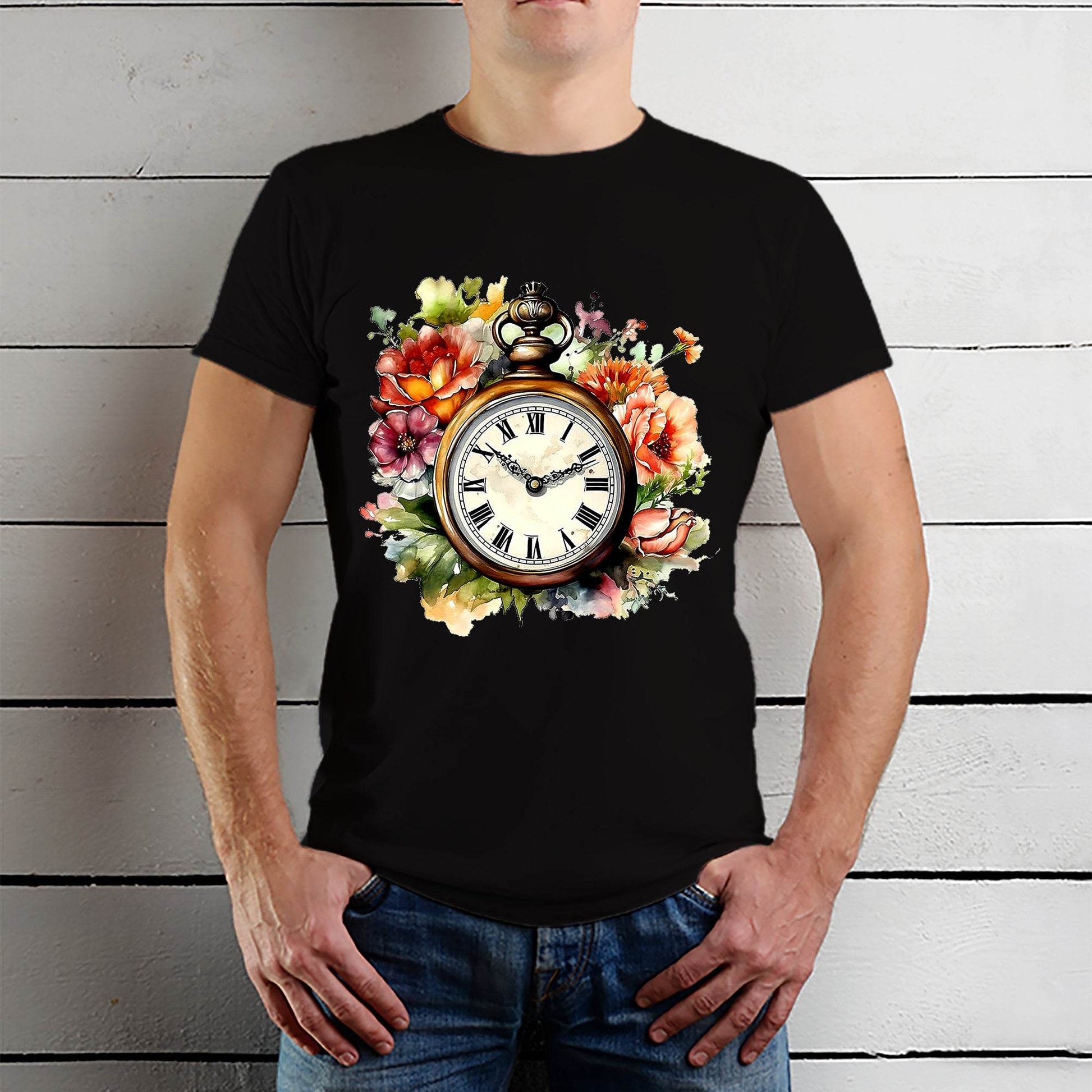 Clock Flowers - Unisex Round Neck Regular Fit 100% Combed Cotton Half Sleeve T-Shirt - Mojilo Mart