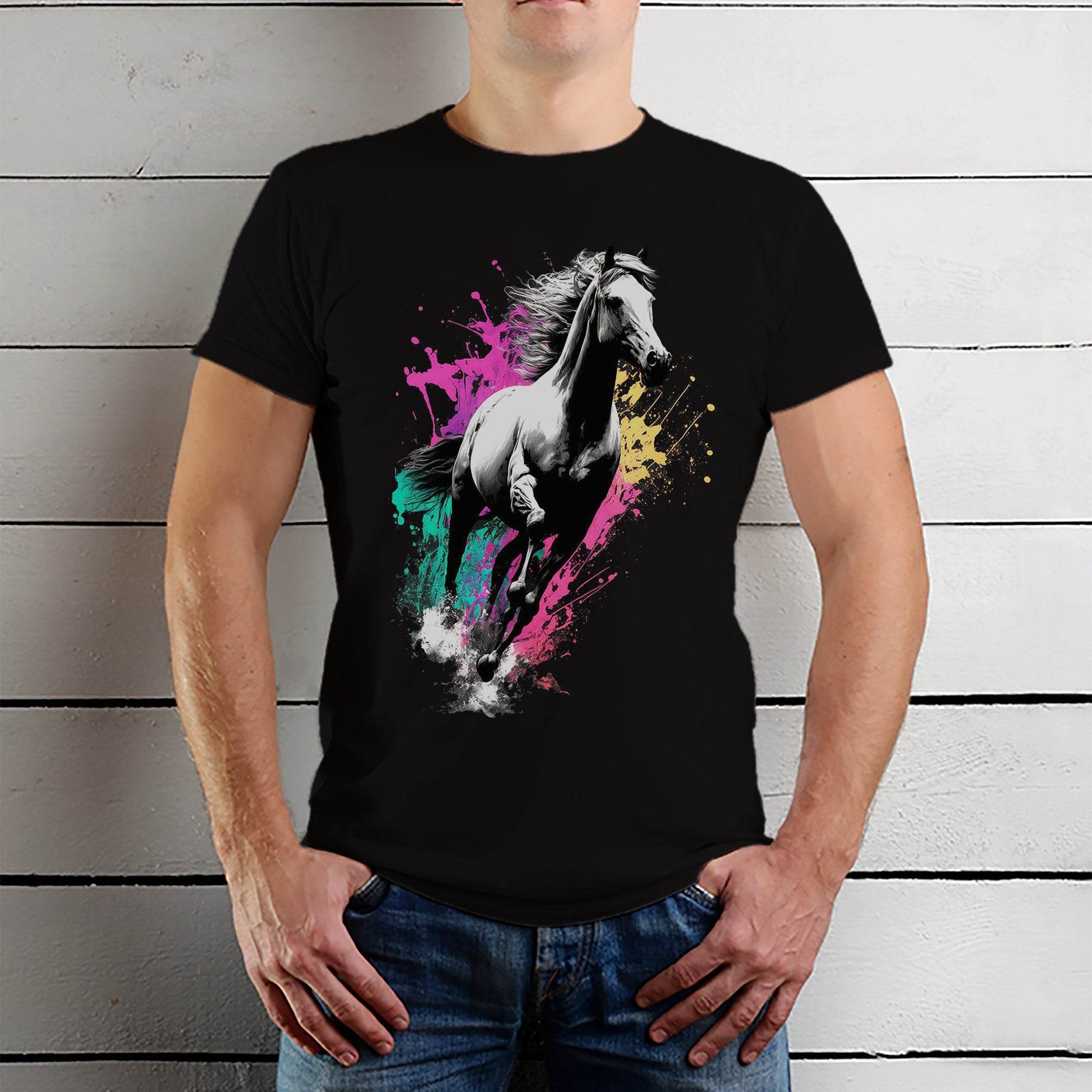 Color black and white horse - Unisex Round Neck Regular Fit 100% Combed Cotton Half Sleeve T-Shirt - Mojilo Mart