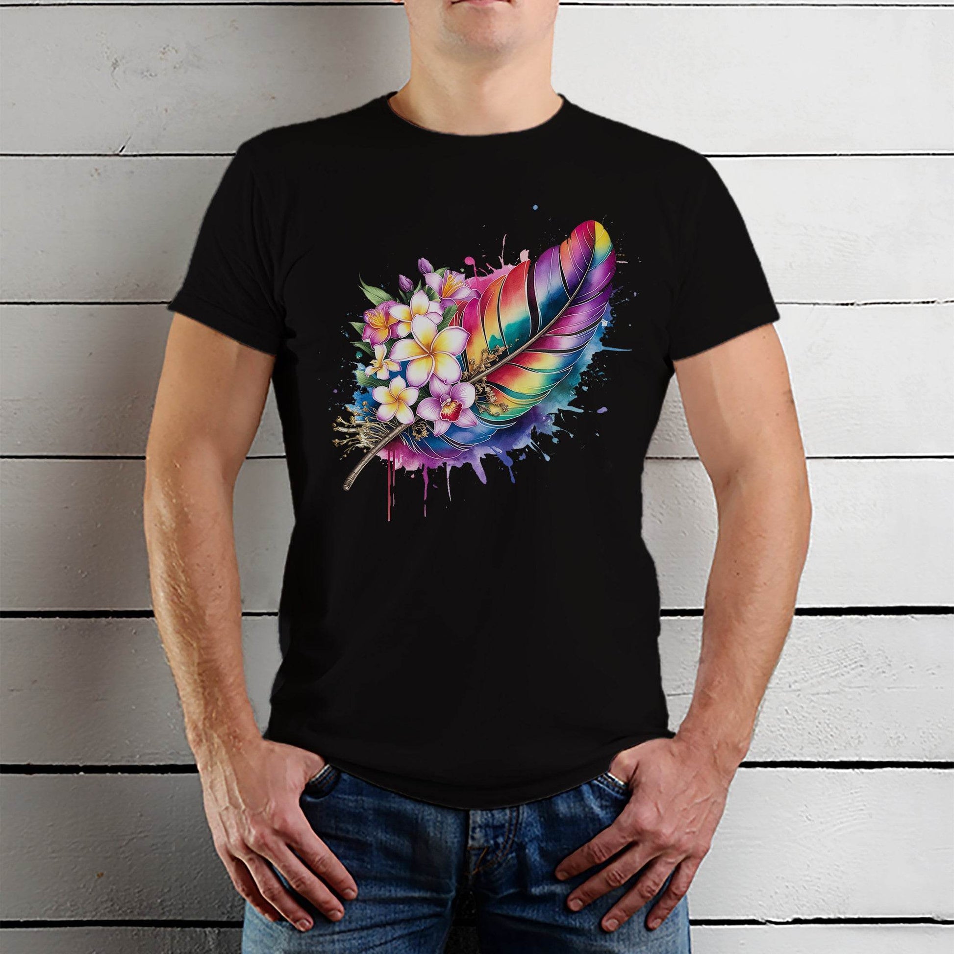 Colorful Feathers - Unisex Round Neck Regular Fit 100% Combed Cotton Half Sleeve T-Shirt - Mojilo Mart