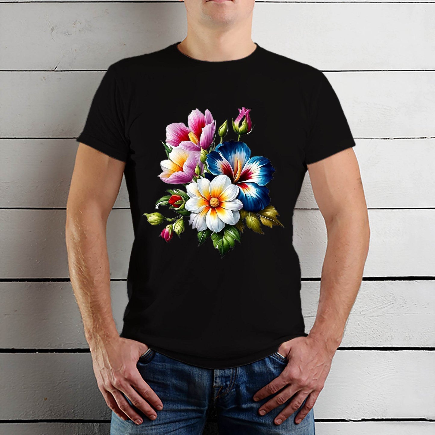 Colorful Flowers - Unisex Round Neck Regular Fit 100% Combed Cotton Half Sleeve T-Shirt - Mojilo Mart