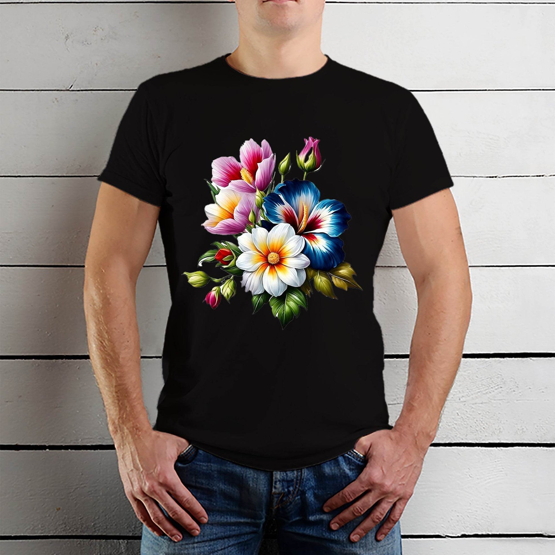 Colorful Flowers - Unisex Round Neck Regular Fit 100% Combed Cotton Half Sleeve T-Shirt - Mojilo Mart