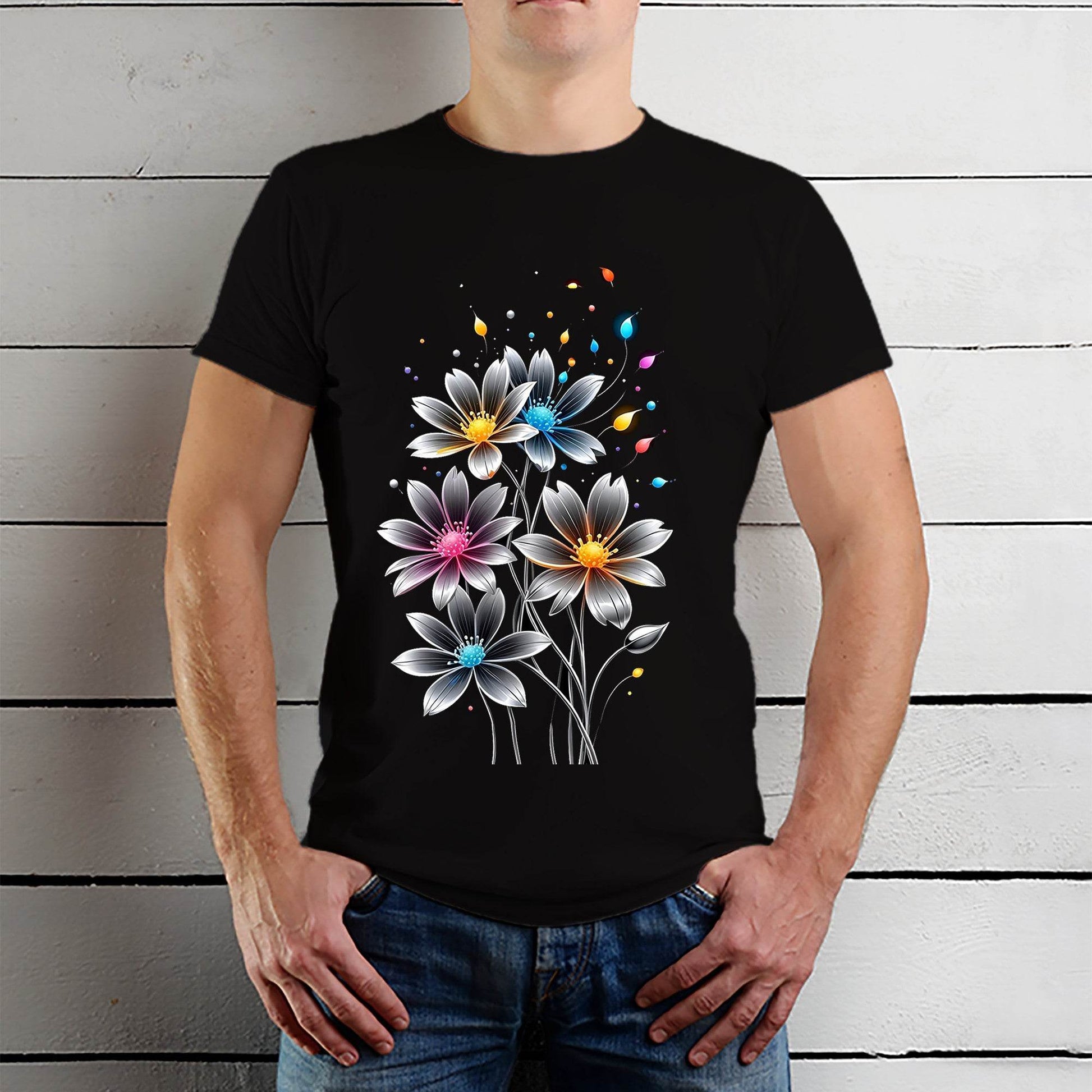Colorful Pop Art painted Daisy Flower - Unisex Round Neck Regular Fit 100% Combed Cotton Half Sleeve T-Shirt - Mojilo Mart