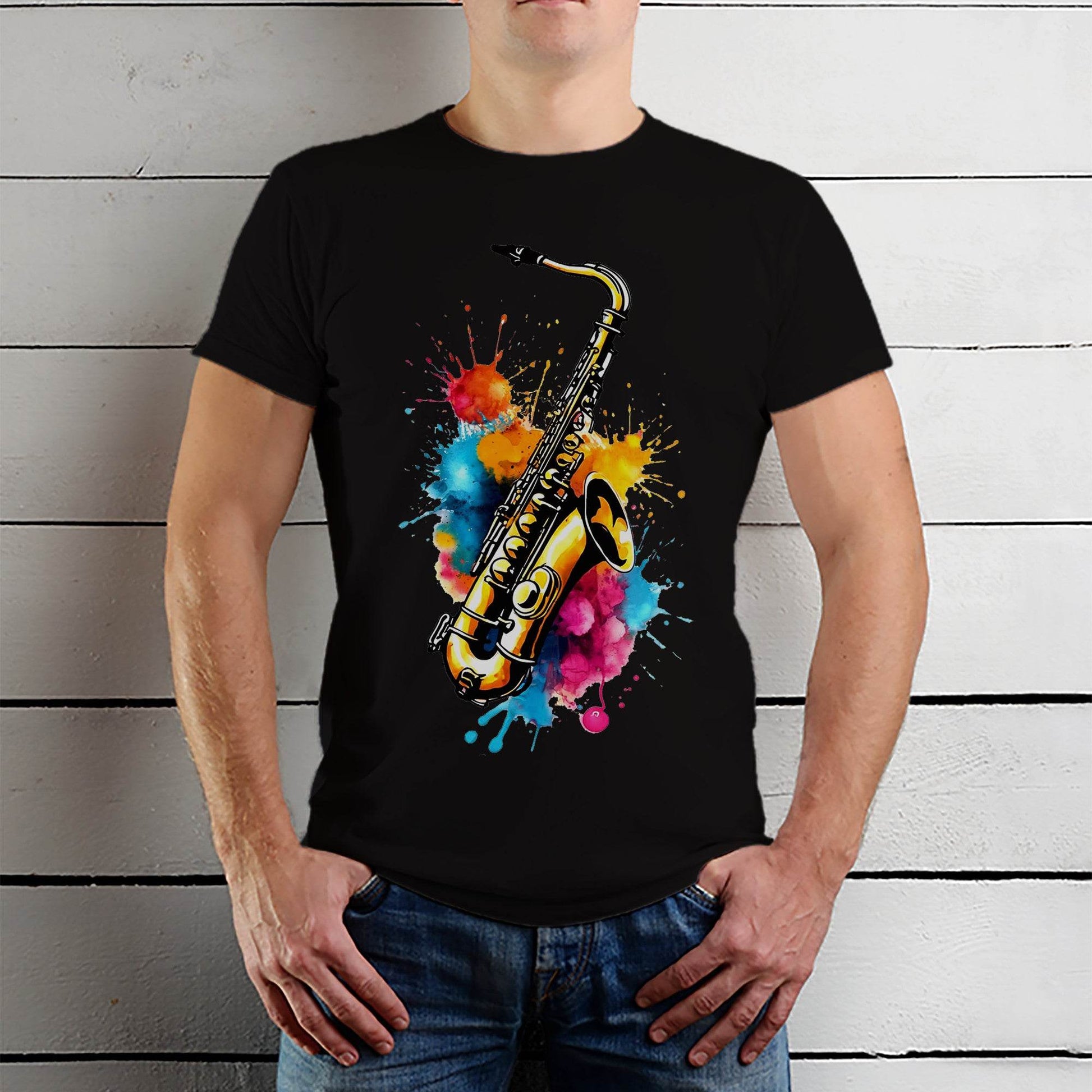 Colorful Saxophone with Musical Splash Art - Unisex Round Neck Regular Fit 100% Combed Cotton Half Sleeve T-Shirt - Mojilo Mart