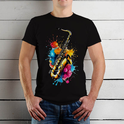 Colorful Saxophone with Musical Splash Art - Unisex Round Neck Regular Fit 100% Combed Cotton Half Sleeve T-Shirt - Mojilo Mart