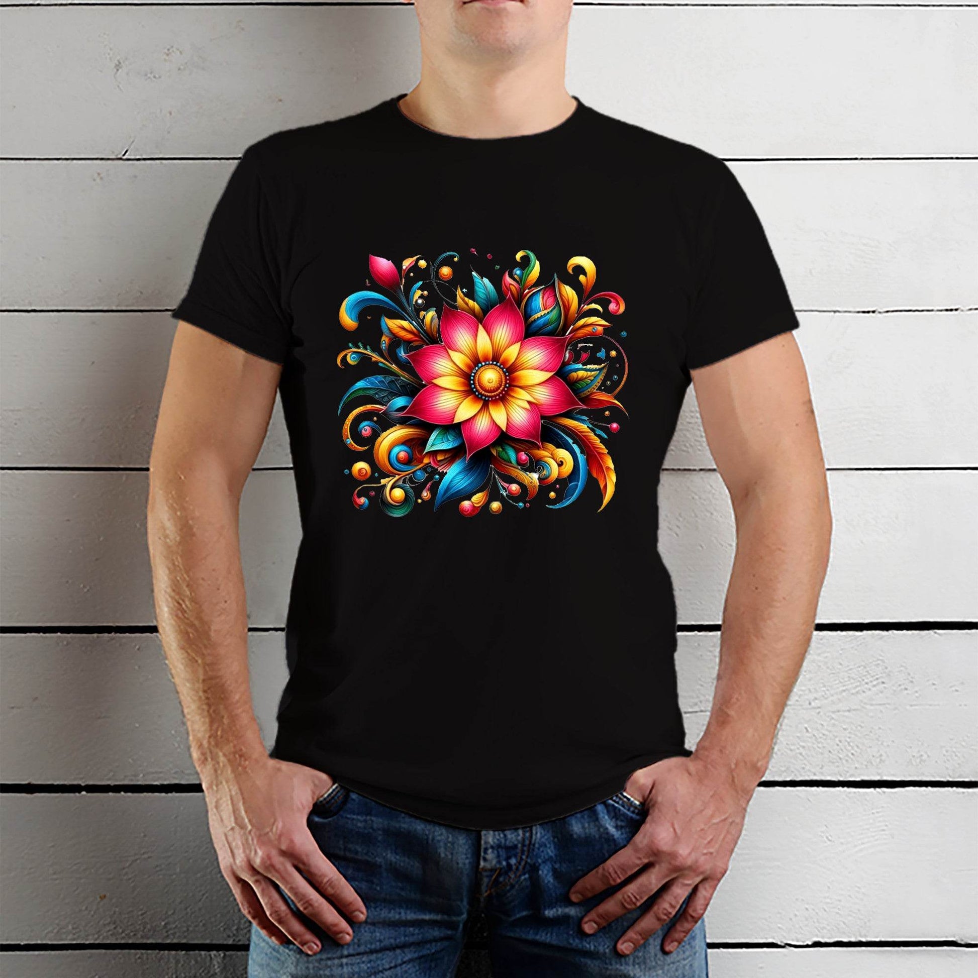 Colourful Beautiful Flowers Design - Unisex Round Neck Regular Fit 100% Combed Cotton Half Sleeve T-Shirt - Mojilo Mart