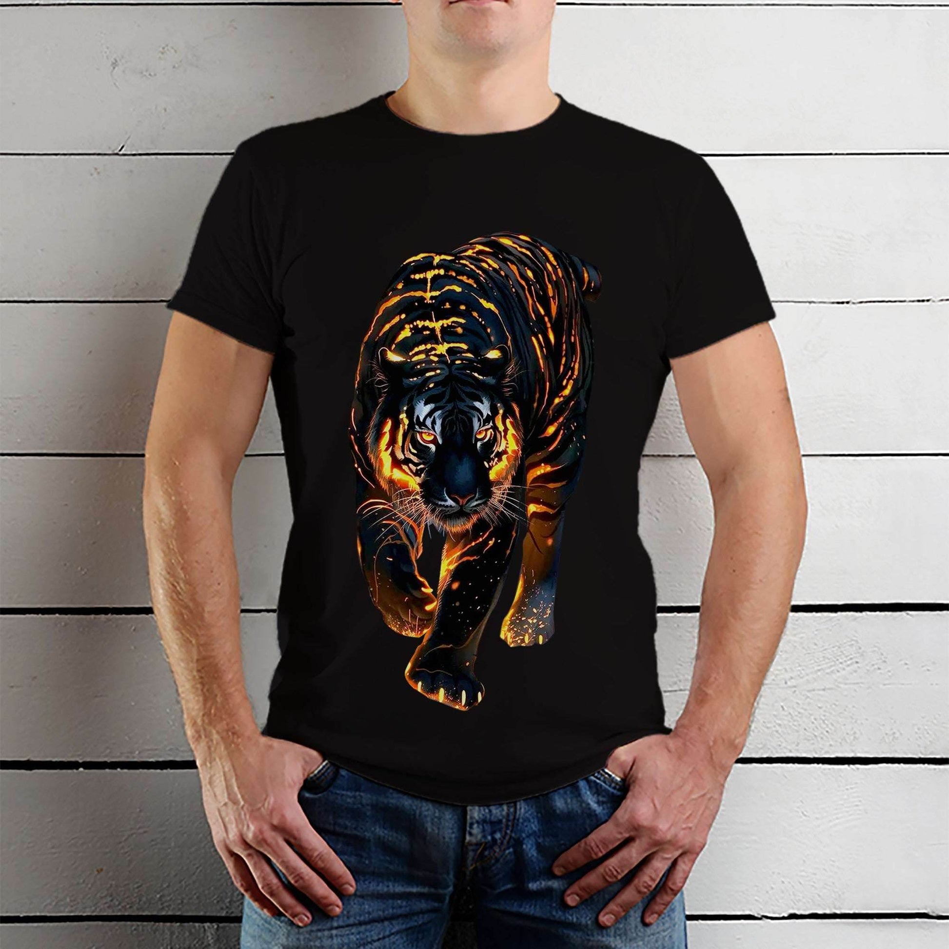 Fire Tiger Art - Unisex Round Neck Regular Fit 100% Combed Cotton Half Sleeve T-Shirt - Mojilo Mart