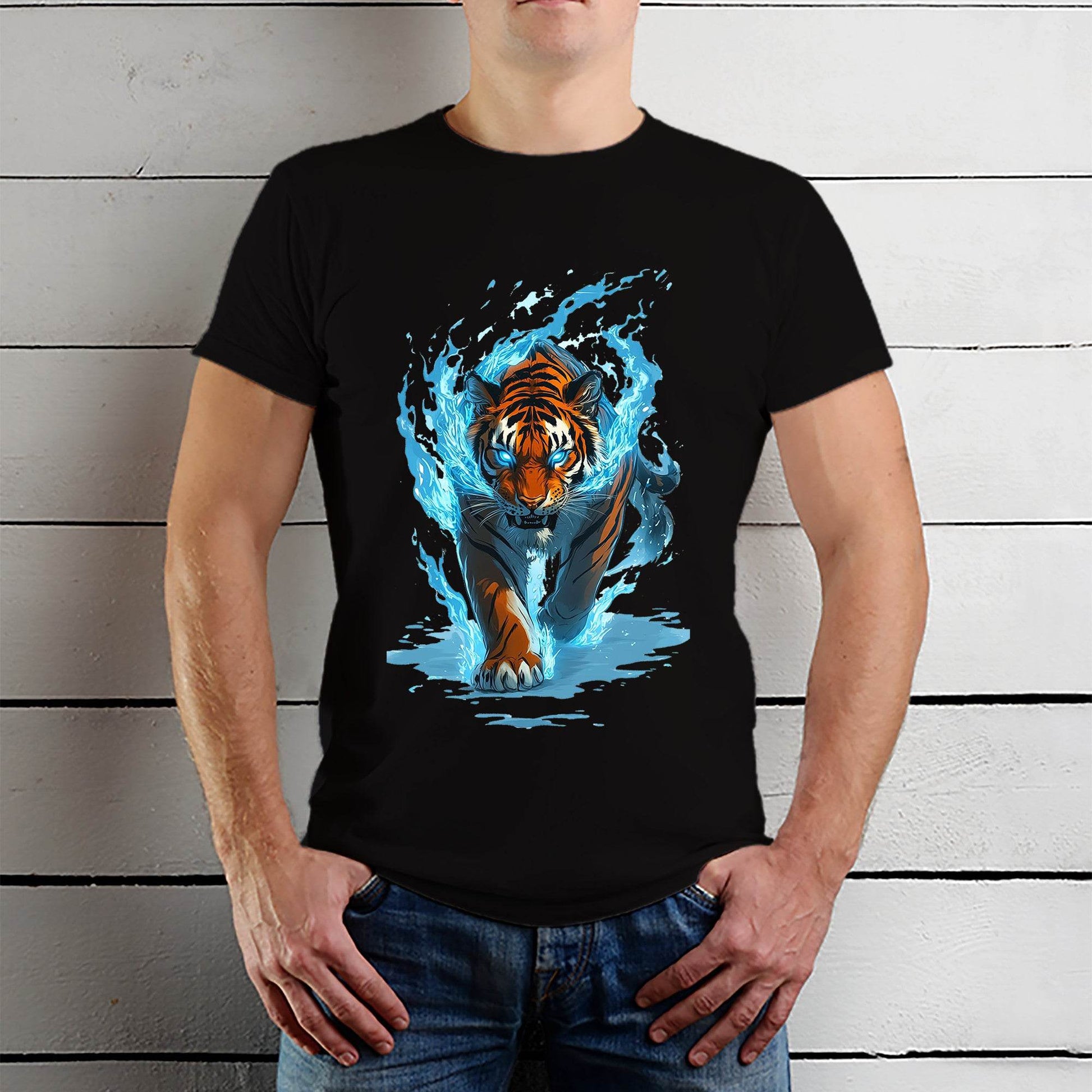 Flaming Tiger Pounce - Unisex Round Neck Regular Fit 100% Combed Cotton Half Sleeve T-Shirt - Mojilo Mart