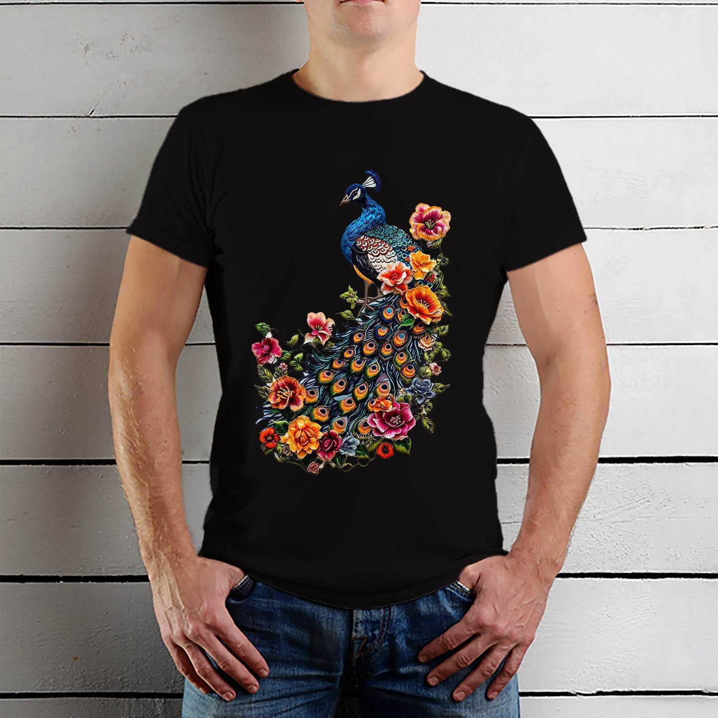 Floral Peacock Print - Unisex Round Neck Regular Fit 100% Combed Cotton Half Sleeve T-Shirt - Mojilo Mart