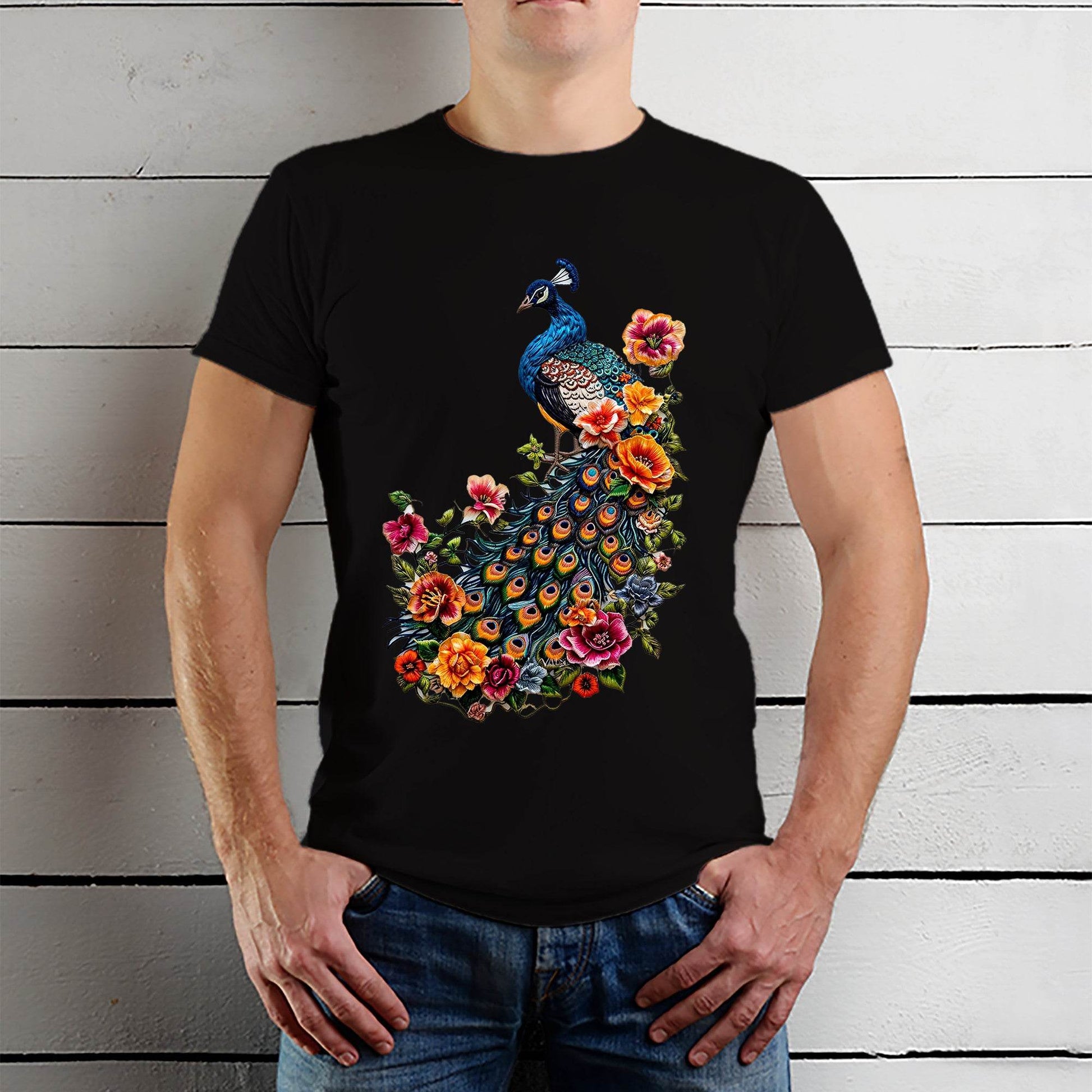 Floral Peacock Print - Unisex Round Neck Regular Fit 100% Combed Cotton Half Sleeve T-Shirt - Mojilo Mart