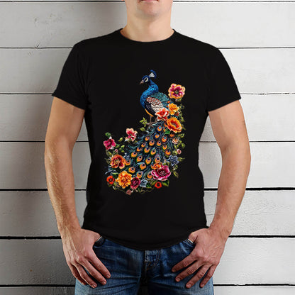 Floral Peacock Print - Unisex Round Neck Regular Fit 100% Combed Cotton Half Sleeve T-Shirt - Mojilo Mart