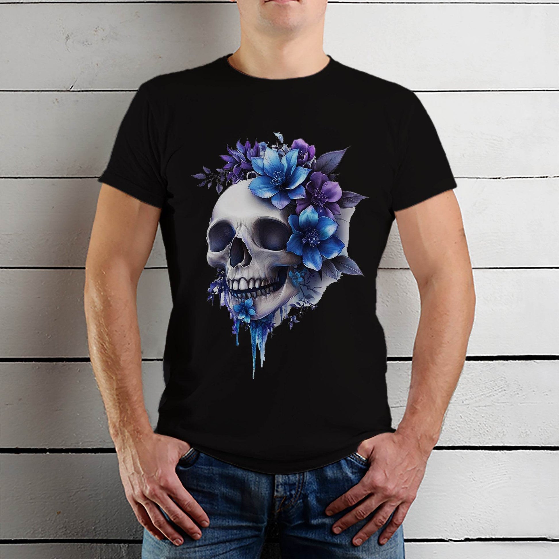 Floral Skull Clip art antique illustrations of human skulls and flowers - Unisex Round Neck Regular Fit 100% Combed Cotton Half Sleeve T-Shirt - Mojilo Mart