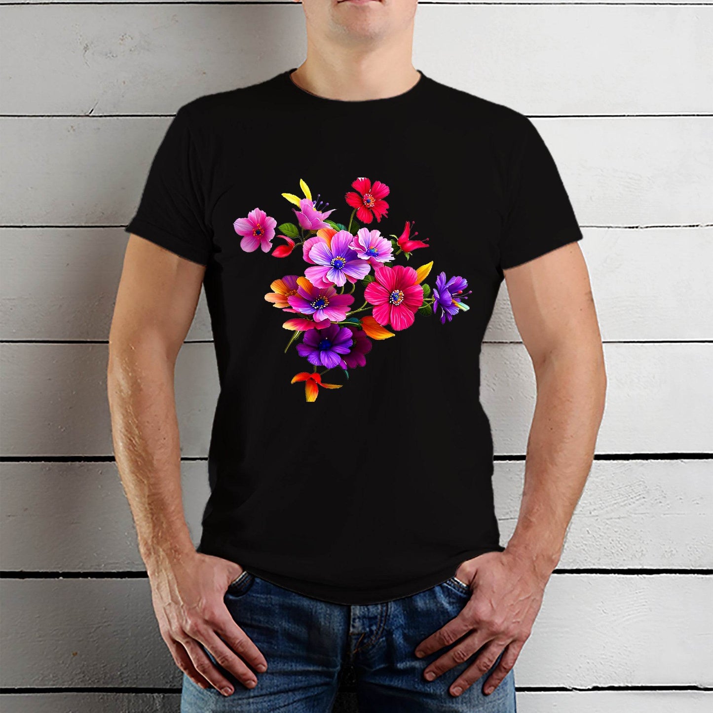 Flower Colorful Artwork Nature - Unisex Round Neck Regular Fit 100% Combed Cotton Half Sleeve T-Shirt - Mojilo Mart