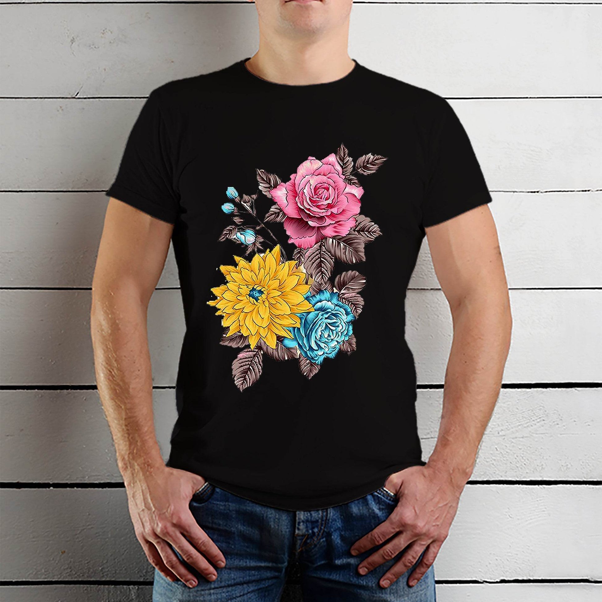 Flowers and Yellow Flower - Unisex Round Neck Regular Fit 100% Combed Cotton Half Sleeve T-Shirt - Mojilo Mart