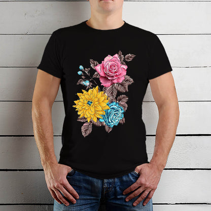 Flowers and Yellow Flower - Unisex Round Neck Regular Fit 100% Combed Cotton Half Sleeve T-Shirt - Mojilo Mart