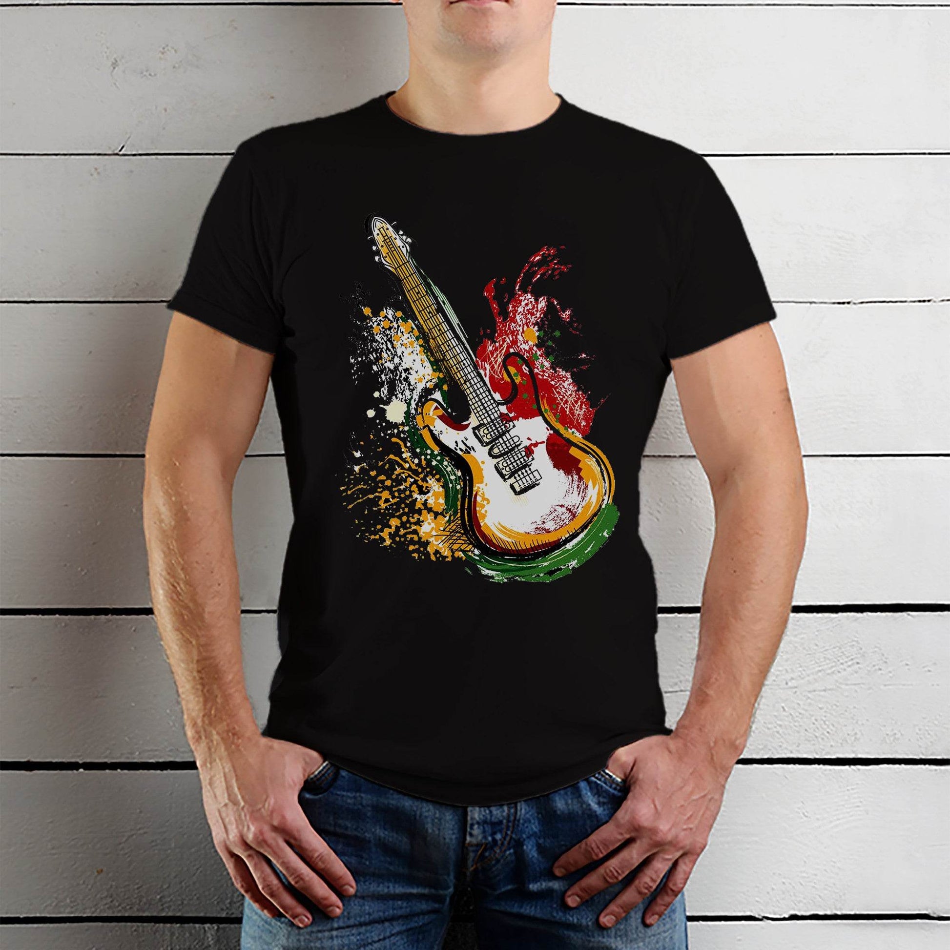 Guitar Dripping Paint Effect - Unisex Round Neck Regular Fit 100% Combed Cotton Half Sleeve T-Shirt - Mojilo Mart