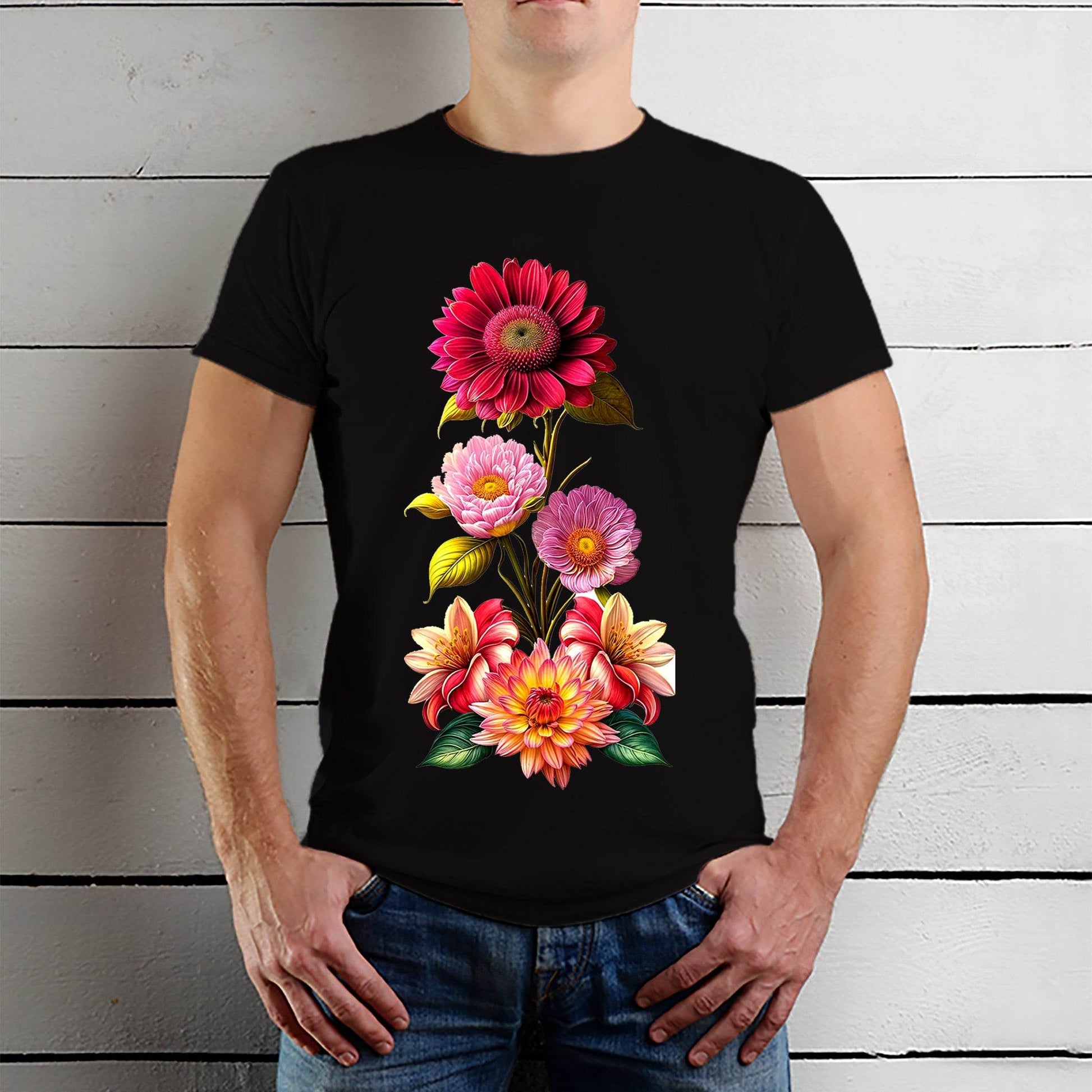 HIPPY FLOWER ARRANGEMENT SUNFLOWERS - Unisex Round Neck Regular Fit 100% Combed Cotton Half Sleeve T-Shirt - Mojilo Mart