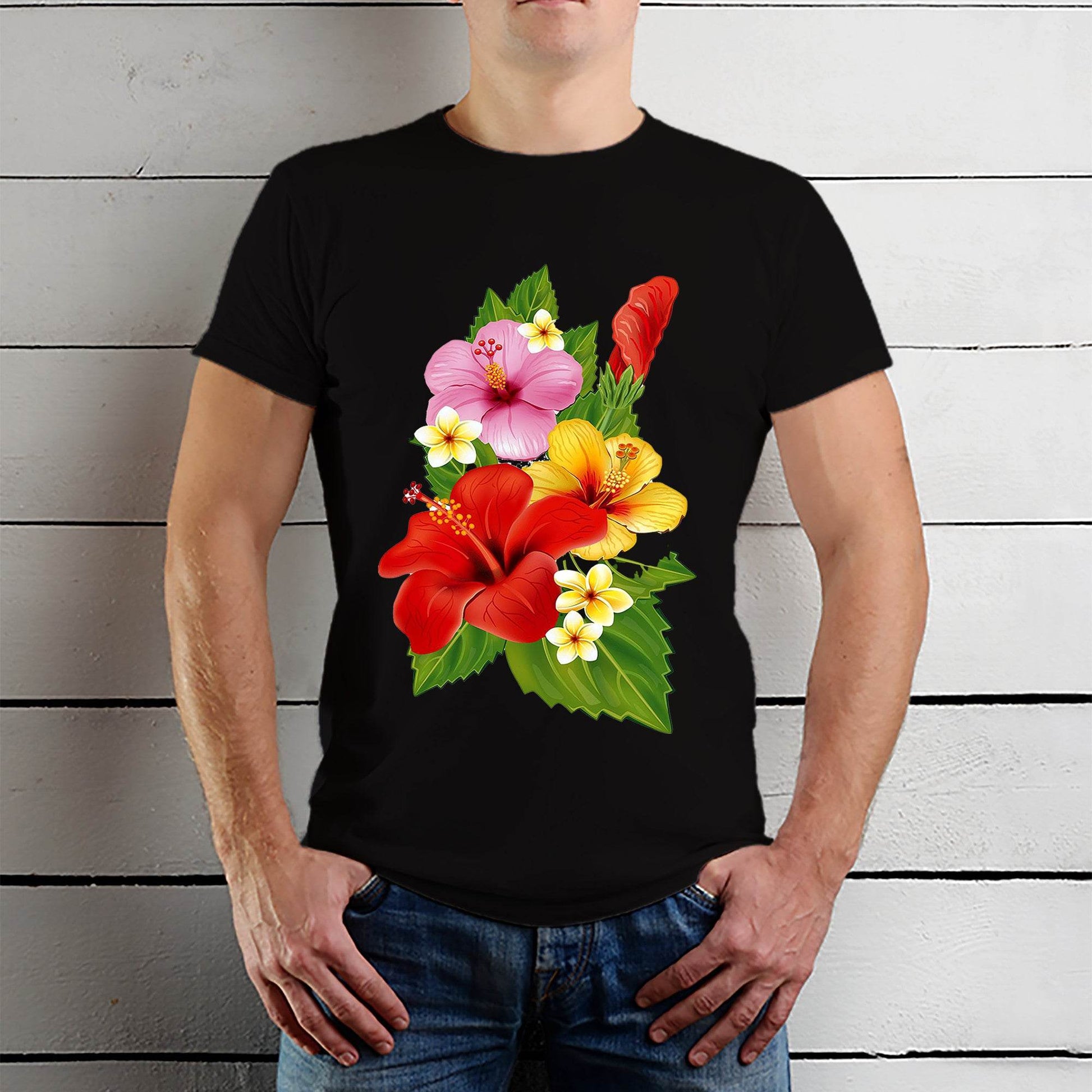 Hibiscus Bouquet Flower - Unisex Round Neck Regular Fit 100% Combed Cotton Half Sleeve T-Shirt - Mojilo Mart
