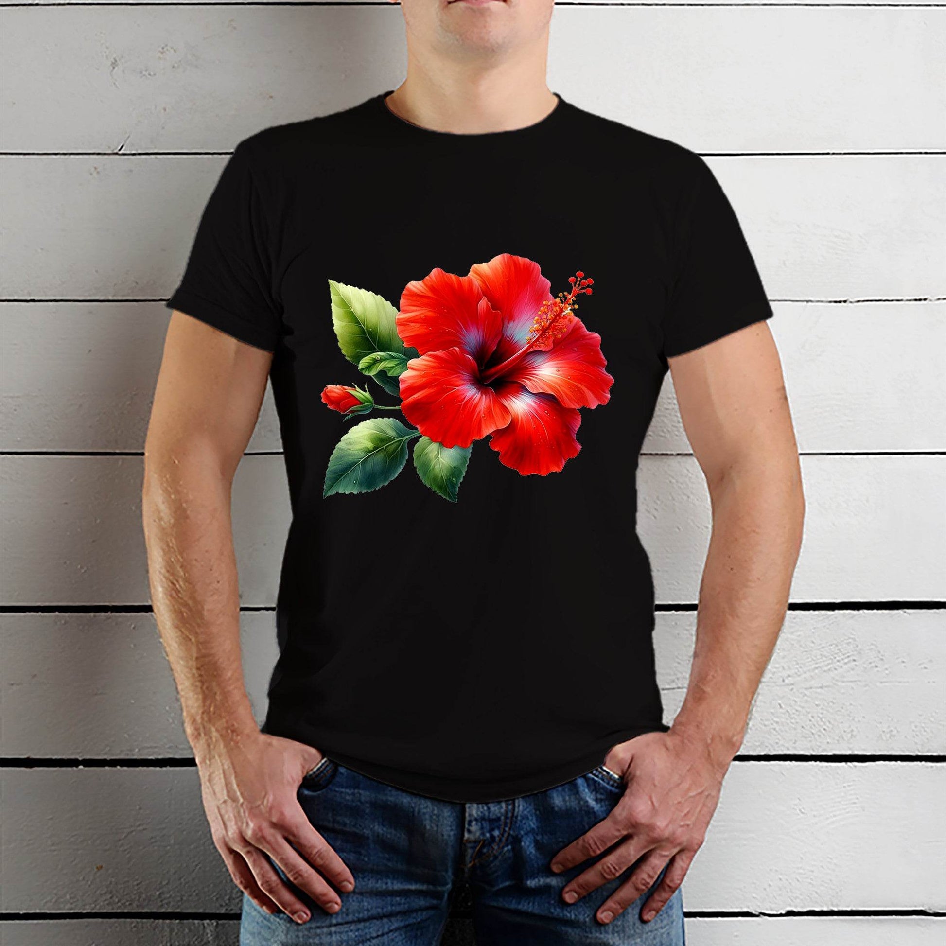 Hibiscus Flower Premium - Unisex Round Neck Regular Fit 100% Combed Cotton Half Sleeve T-Shirt - Mojilo Mart