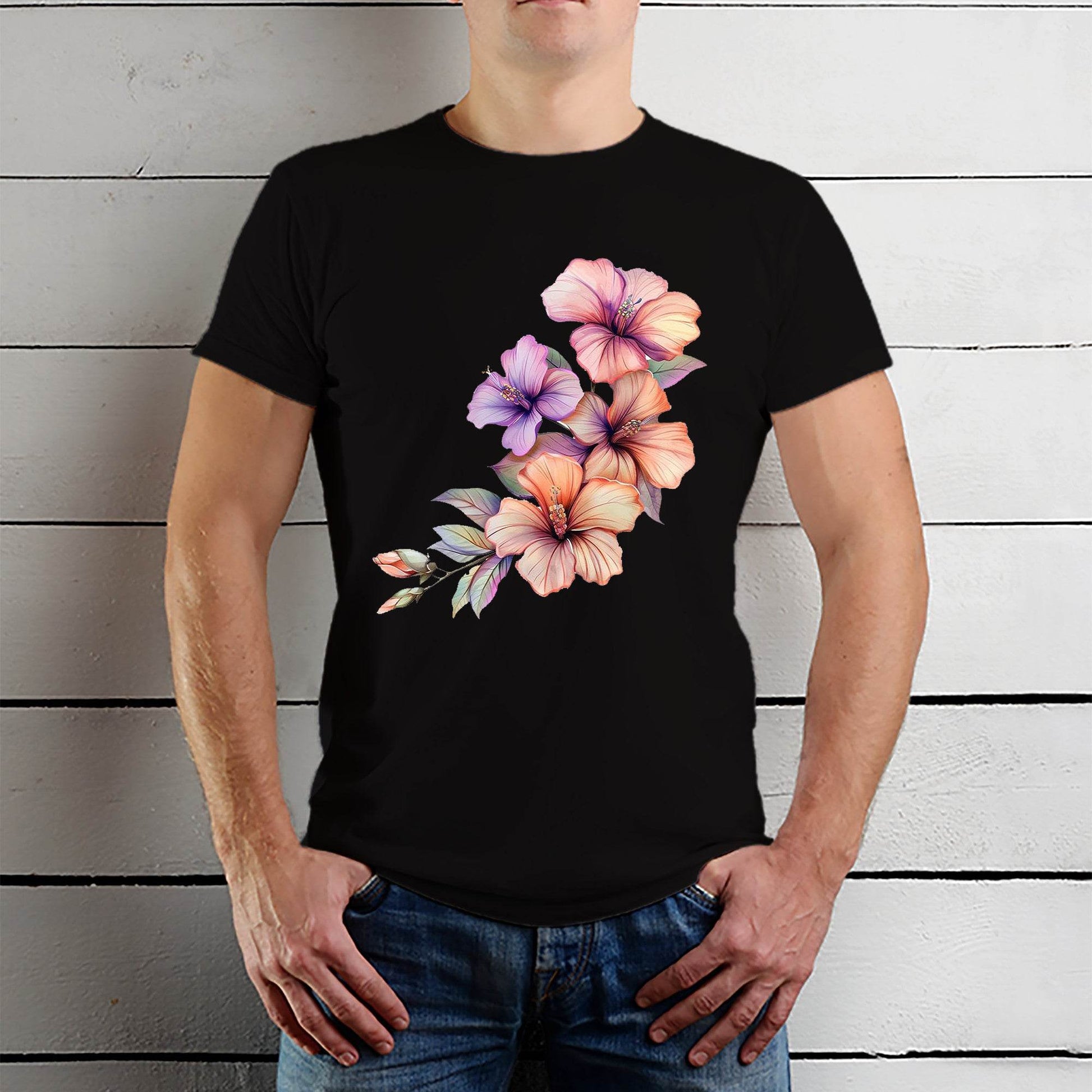 Hibiscus Flowers Tropical Floral - Unisex Round Neck Regular Fit 100% Combed Cotton Half Sleeve T-Shirt - Mojilo Mart