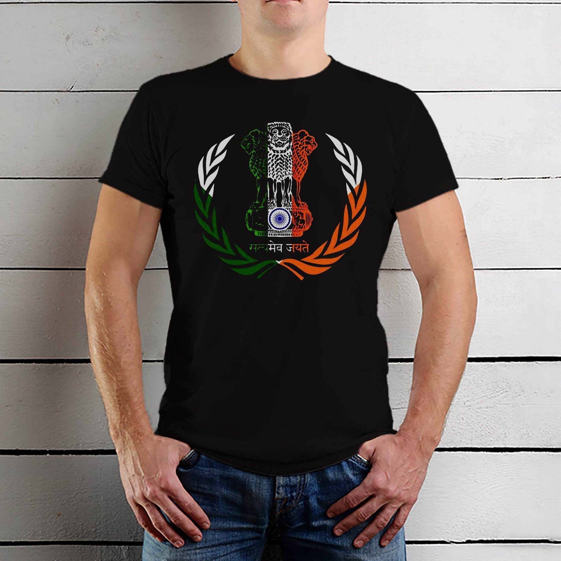 Indian Flag and Coat of Arms Emblem Satyamev jayate - Unisex Round Neck Regular Fit 100% Combed Cotton Half Sleeve T-Shirt - Mojilo Mart