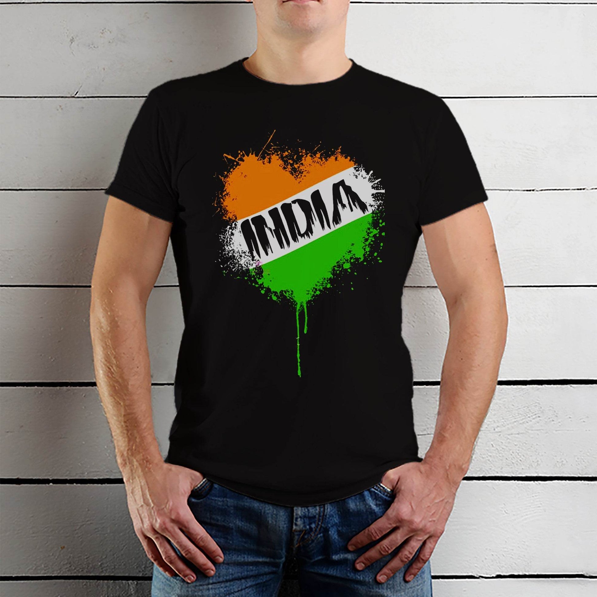 Love India In Heart With Flag Colour - Unisex Round Neck Regular Fit 100% Combed Cotton Half Sleeve T-Shirt - Mojilo Mart