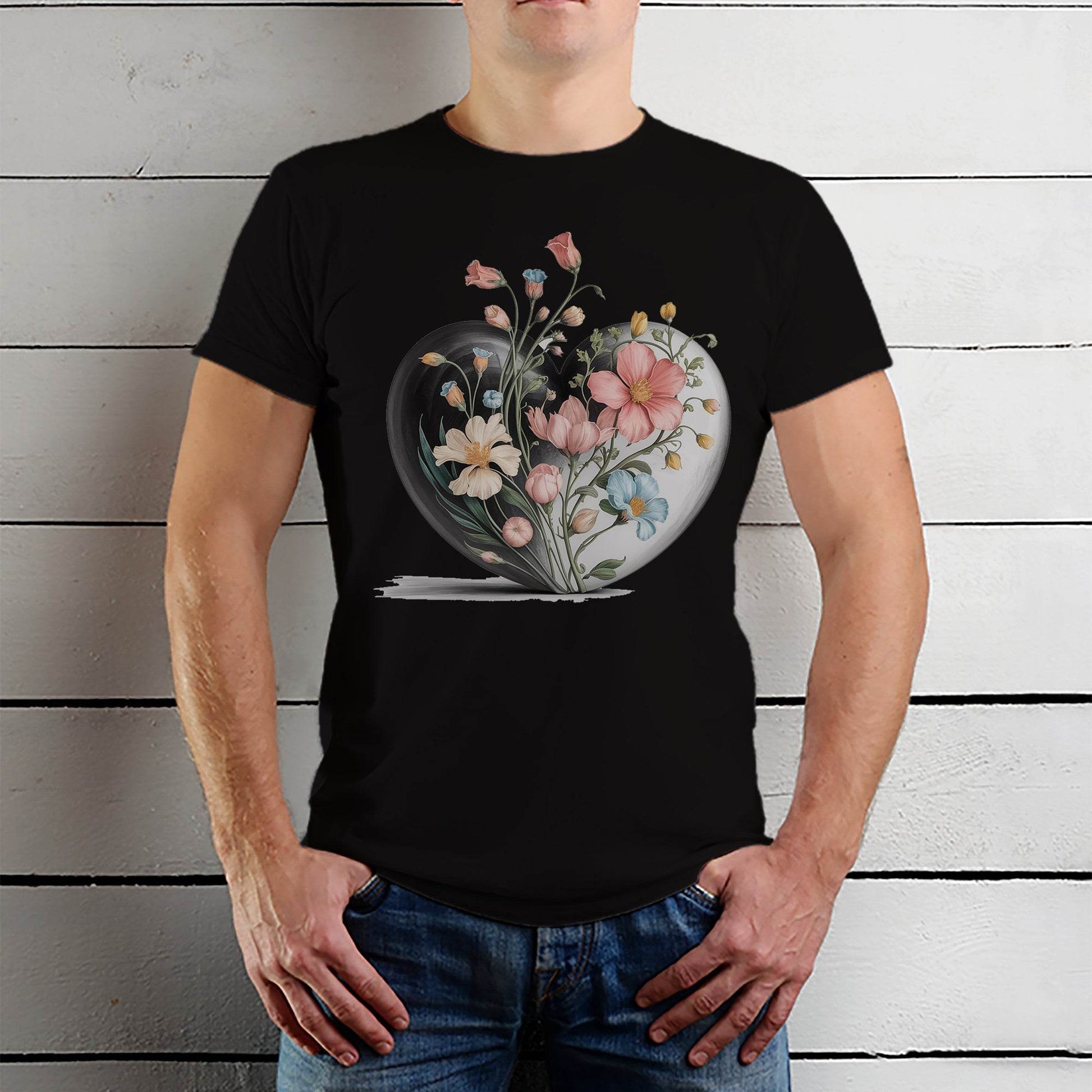 Love Flower Heart - Unisex Round Neck Regular Fit 100% Combed Cotton Half Sleeve T-Shirt - Mojilo Mart