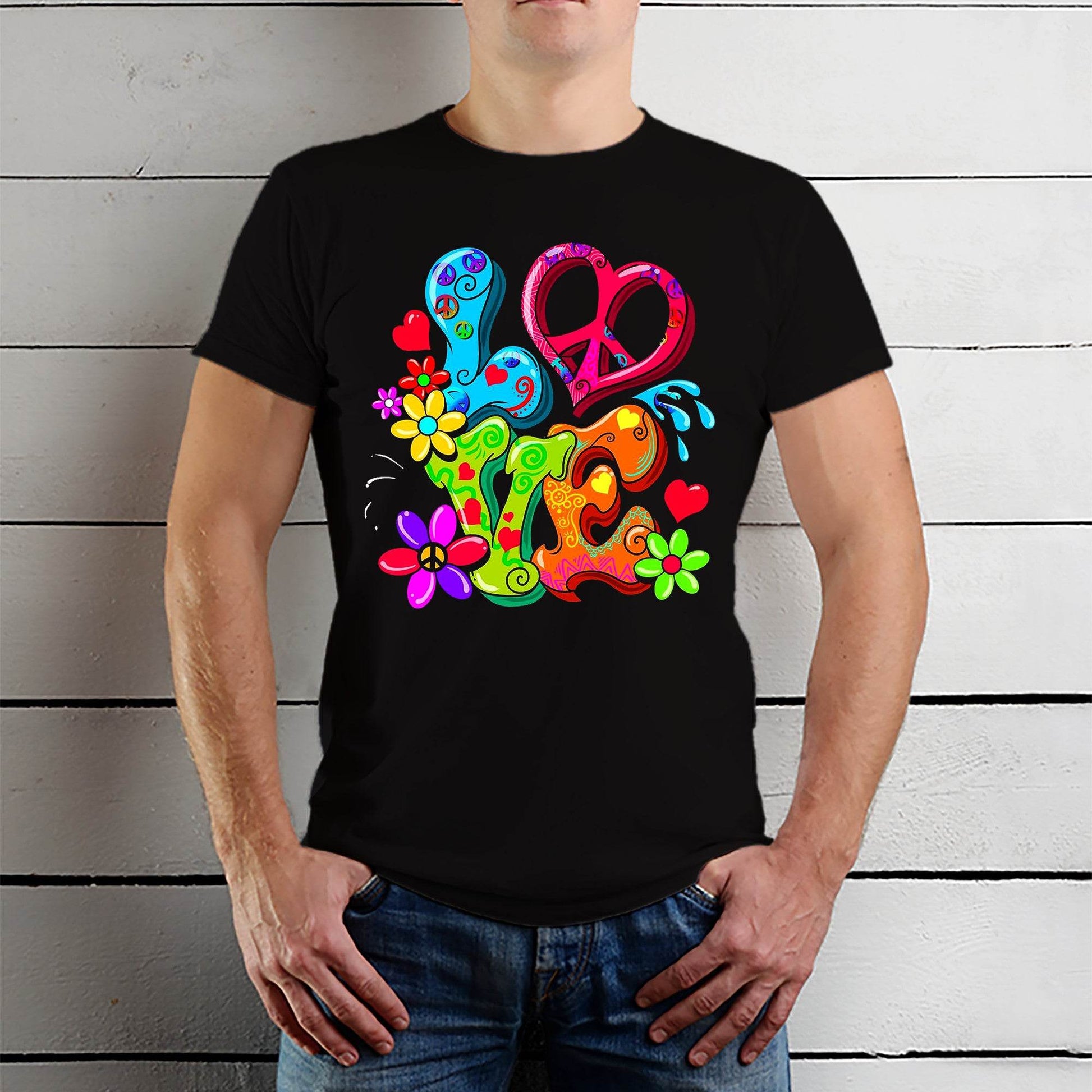 Love Peace Hand Sign Retro Floral Peace Symbol - Unisex Round Neck Regular Fit 100% Combed Cotton Half Sleeve T-Shirt - Mojilo Mart
