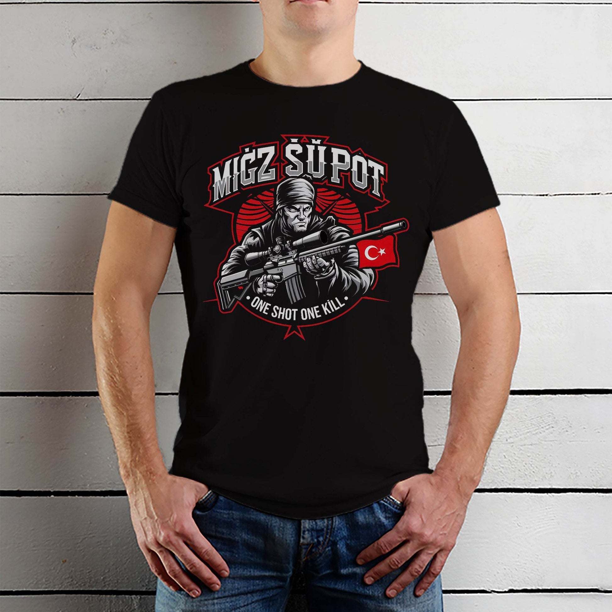 MIGZ SUPOT ONE SHOT ONE K?LL - Unisex Round Neck Regular Fit 100% Combed Cotton Half Sleeve T-Shirt - Mojilo Mart