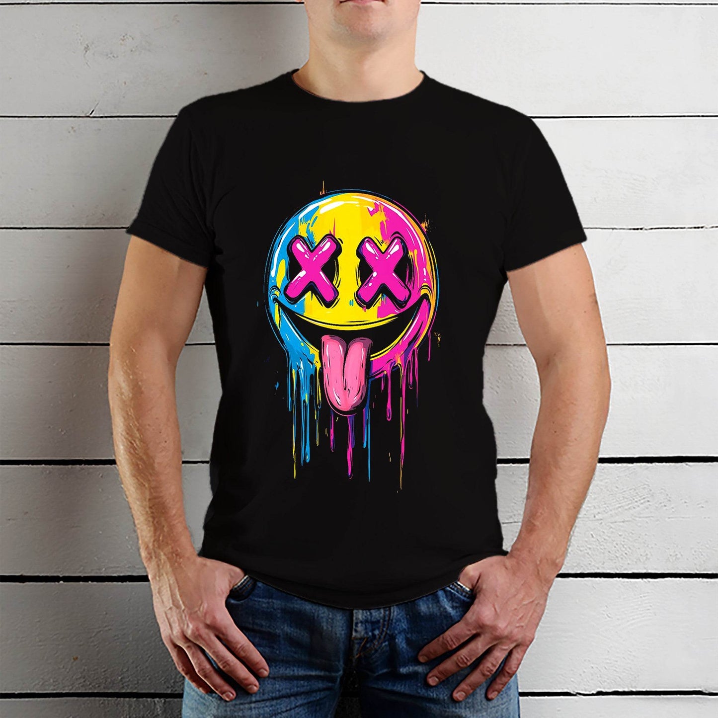 Melting Glitchy Smiling Face - Unisex Round Neck Regular Fit 100% Combed Cotton Half Sleeve T-Shirt - Mojilo Mart