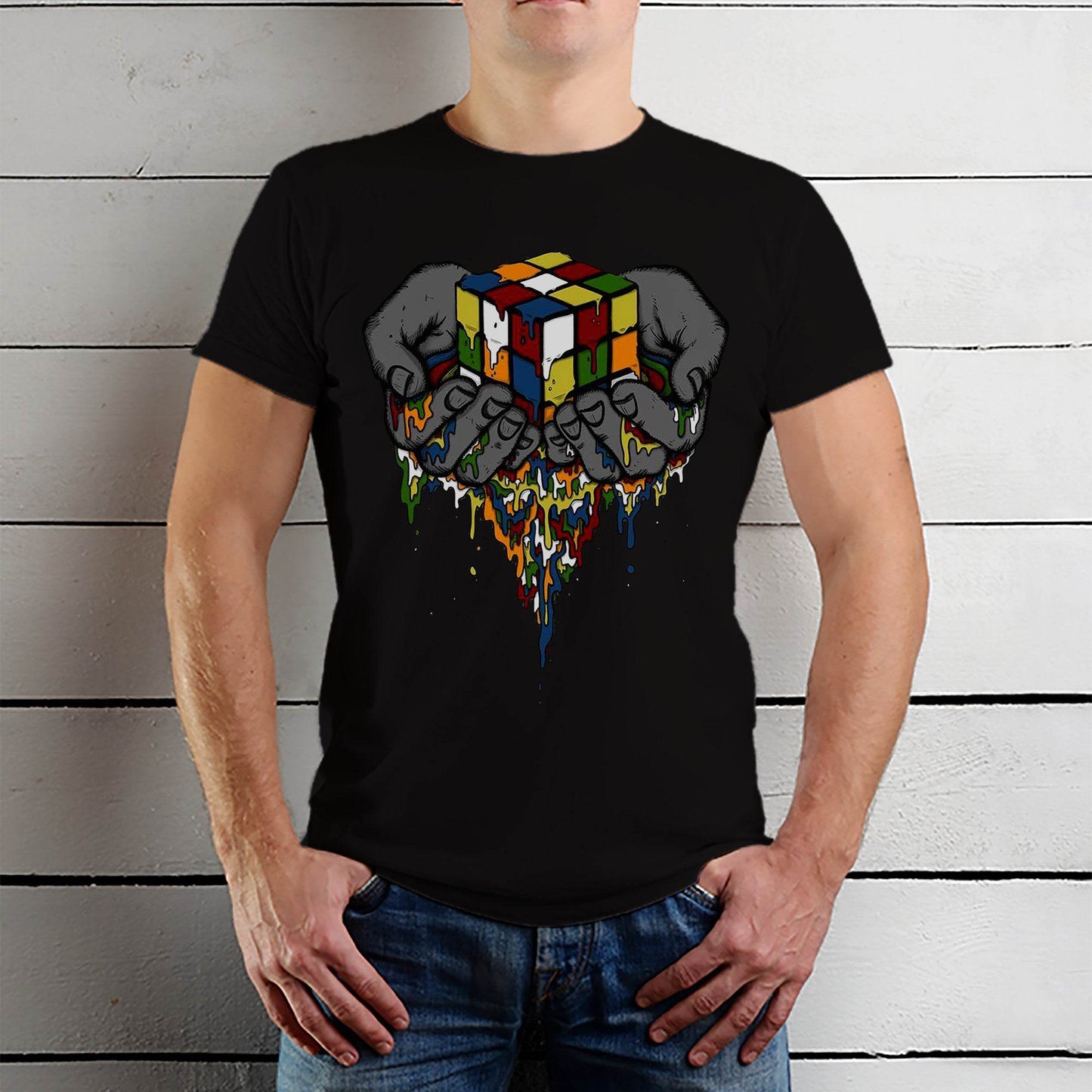 Melting Rubik's Cube in Hands - Unisex Round Neck Regular Fit 100% Combed Cotton Half Sleeve T-Shirt - Mojilo Mart