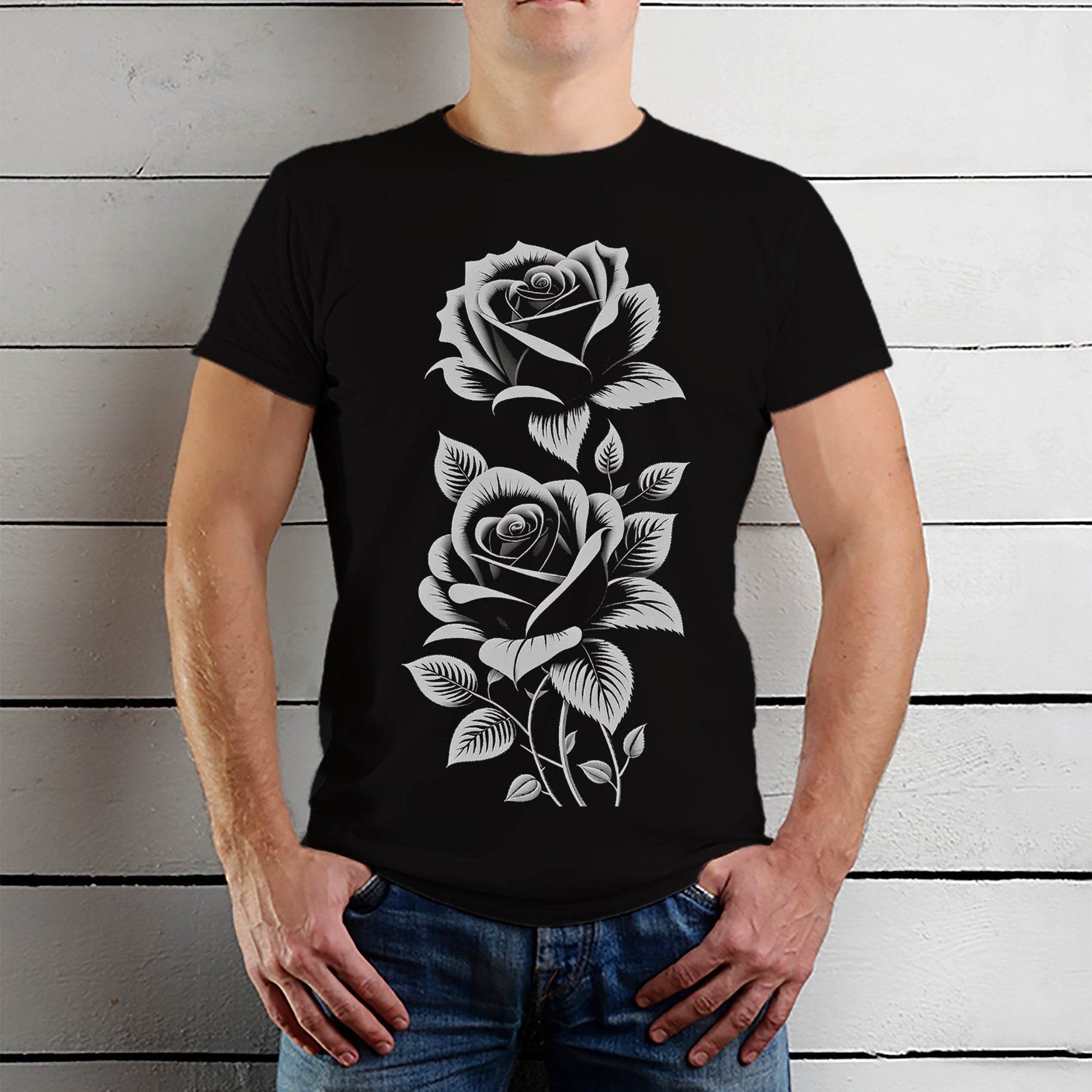 Monochrome Roses Beading Tapestry Pattern - Unisex Round Neck Regular Fit 100% Combed Cotton Half Sleeve T-Shirt - Mojilo Mart