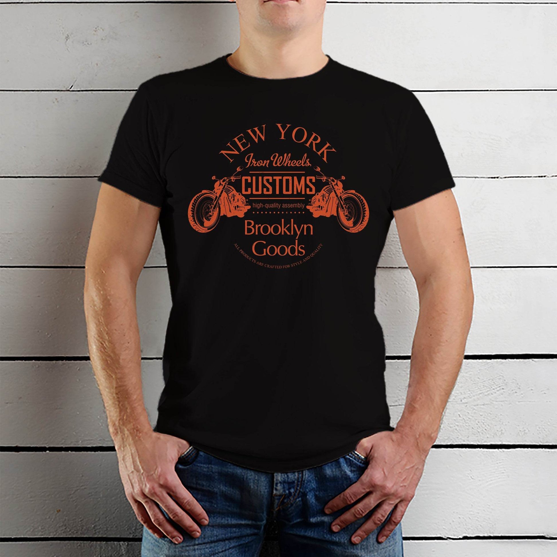 NEW YORK Iron Wheels CUSTOMS Brooklyn Goods - Unisex Round Neck Regular Fit 100% Combed Cotton Half Sleeve T-Shirt - Mojilo Mart