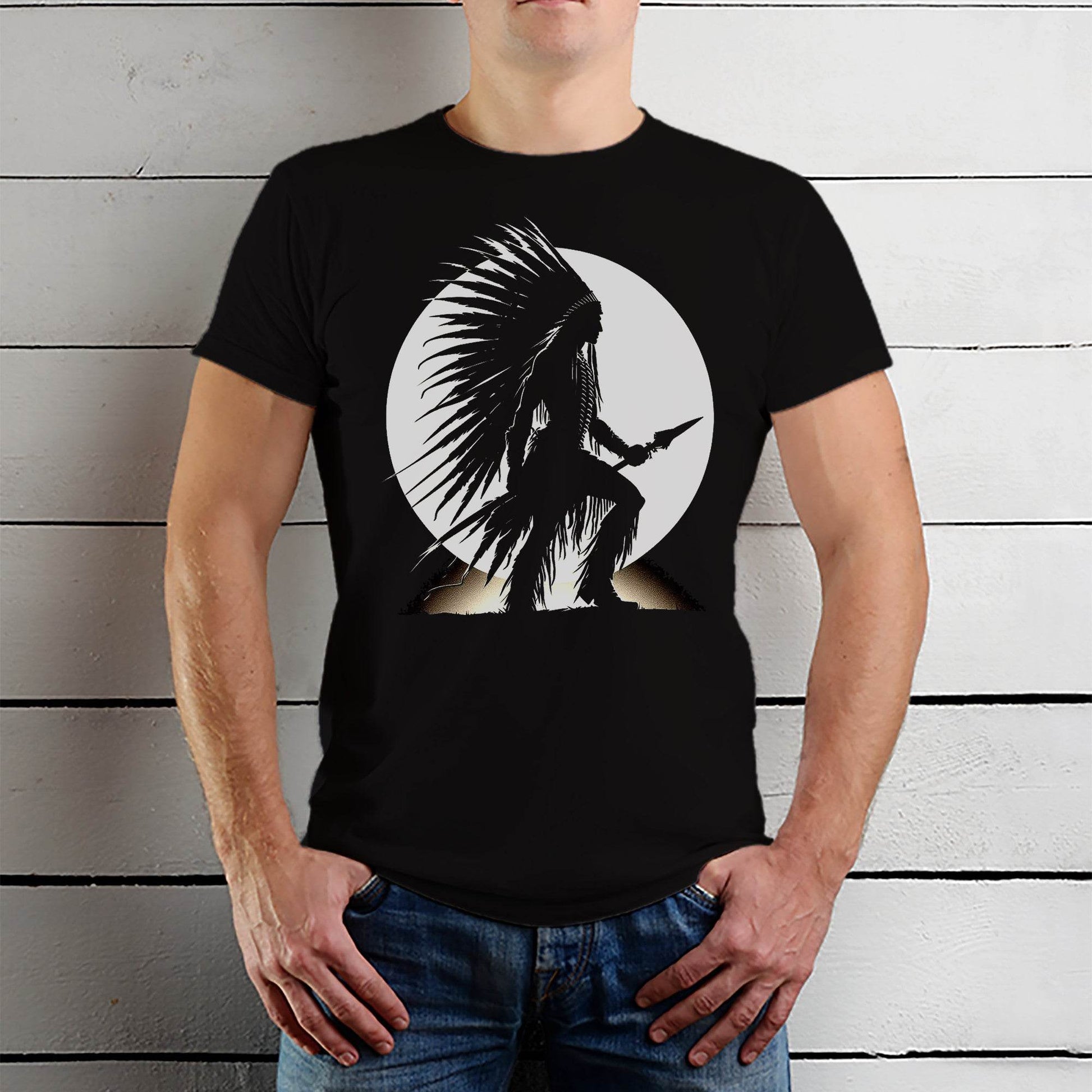 Native American Chief Silhouette vector - Unisex Round Neck Regular Fit 100% Combed Cotton Half Sleeve T-Shirt - Mojilo Mart