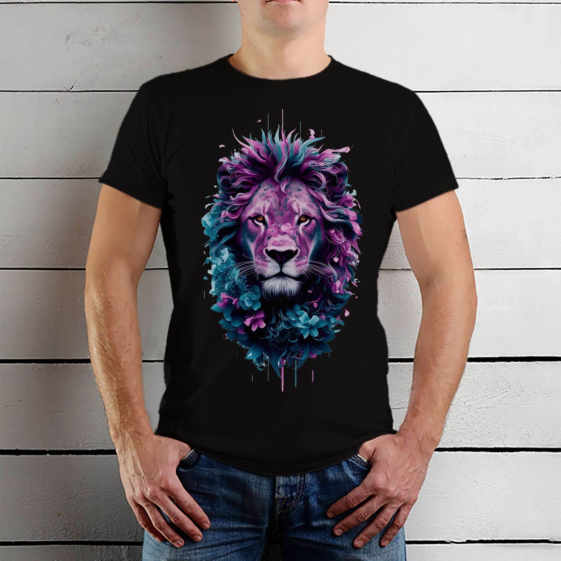 Neon light Lion artwork design digital art - Unisex Round Neck Regular Fit 100% Combed Cotton Half Sleeve T-Shirt - Mojilo Mart