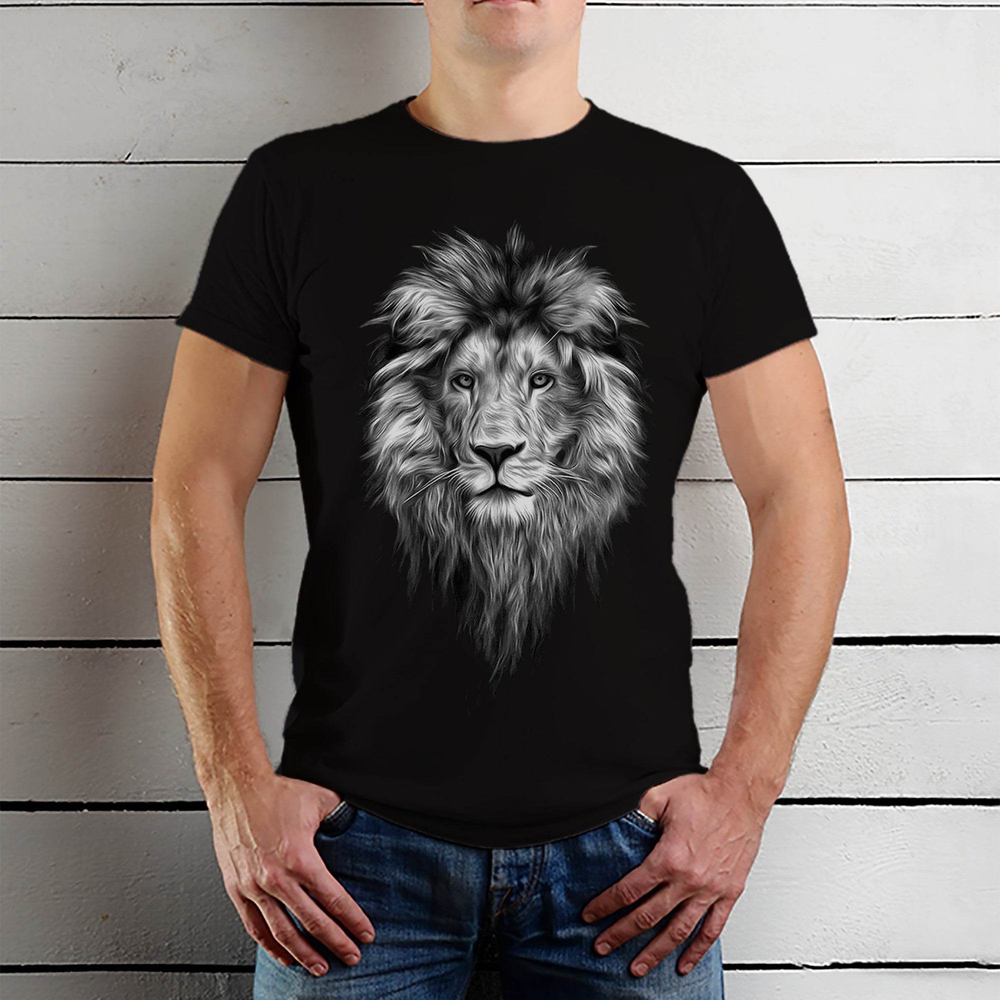 Nordic Animal Lion Black and White - Unisex Round Neck Regular Fit 100% Combed Cotton Half Sleeve T-Shirt - Mojilo Mart